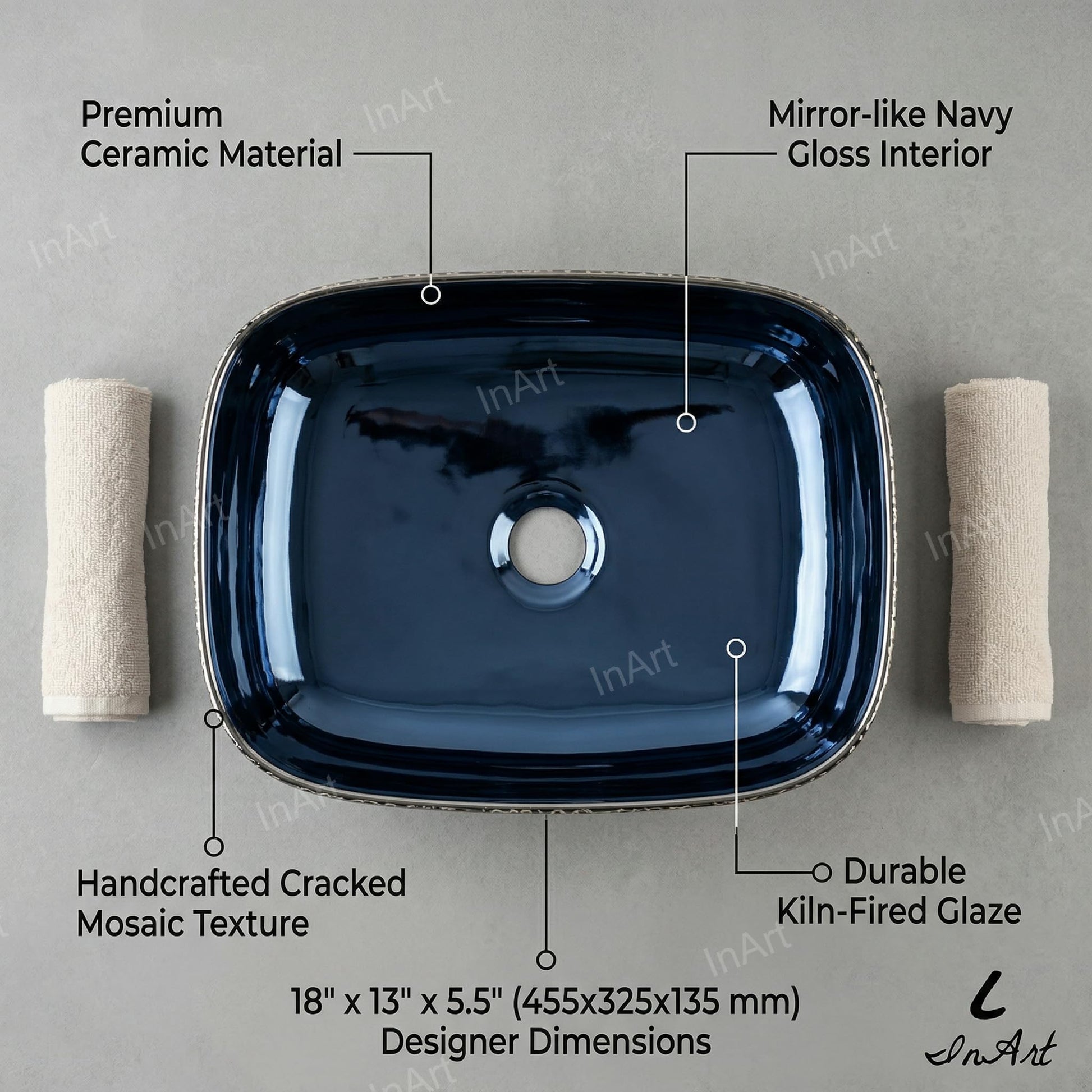 InArt ceramic designer wash basin in glossy blue, rectangular table top basin angled view for modern bathrooms