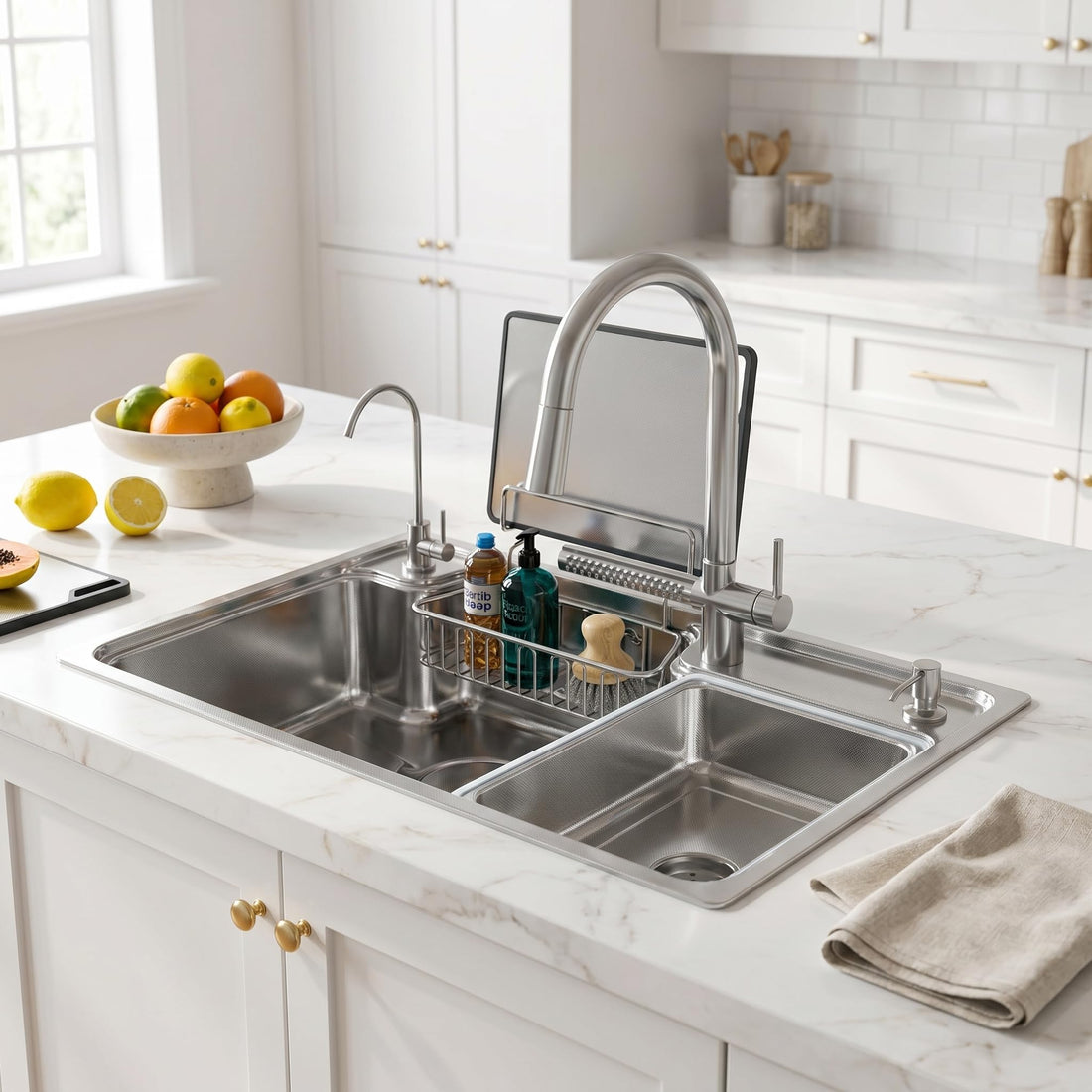 InArt 304 stainless steel rectangular sink with drinking water tap, multifunction double bowl set in silver finish