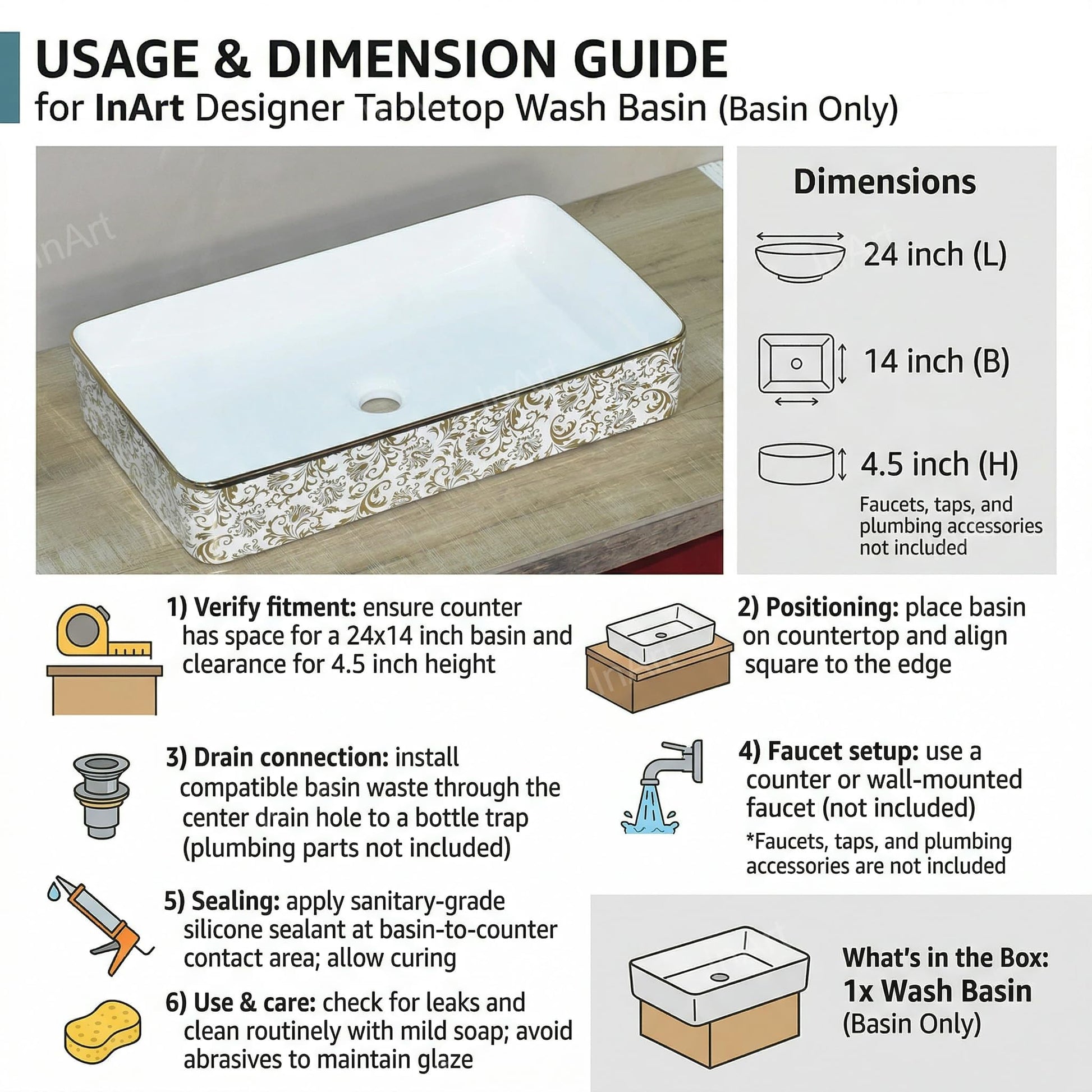 InArt table wash basin designs for washroom vanity, polished ceramic rectangle basin with luxury gold floral look