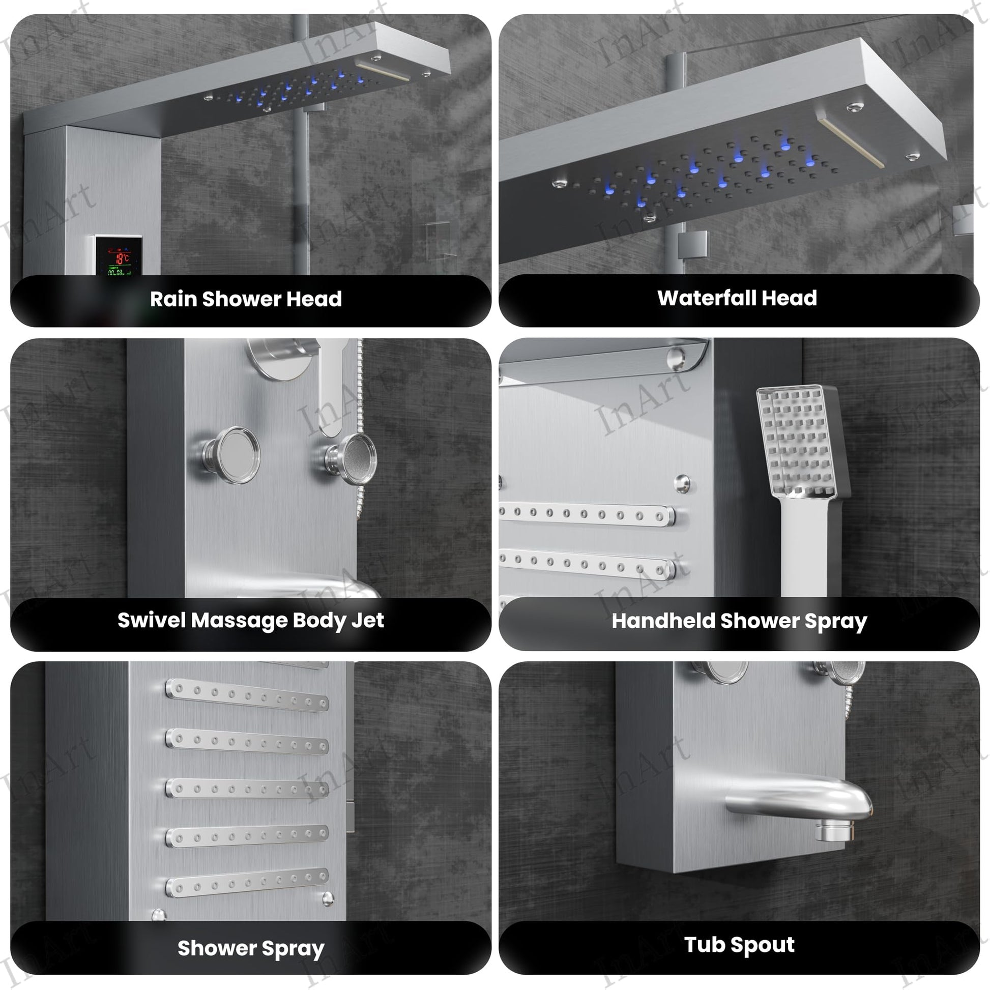 InArt bath and shower panels, brushed stainless steel, modern wall paneling