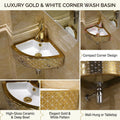 Mini small corner wash basin, square ceramic glossy golden white, side angle showing wall mount and table top fit