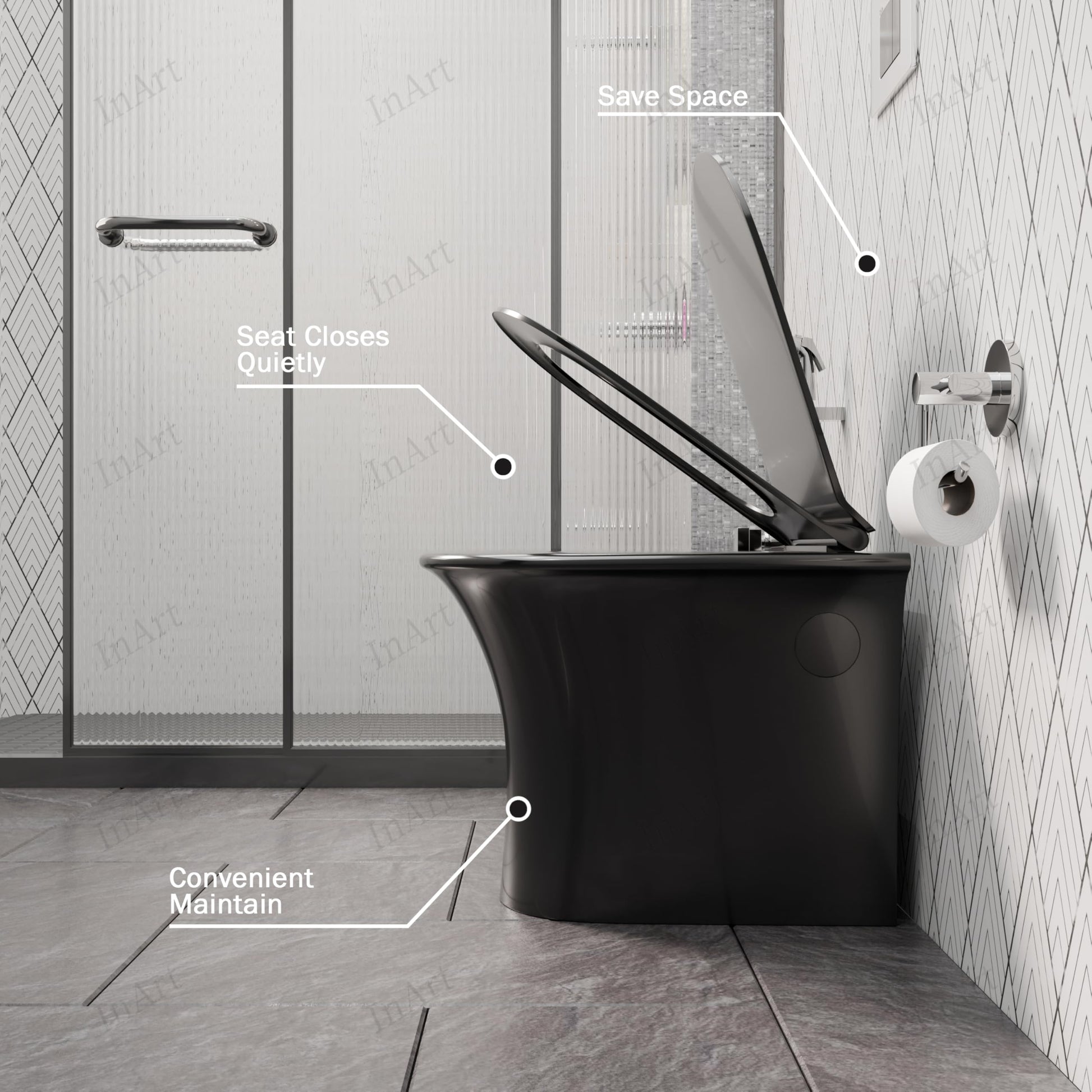 Black ceramic WC pan glossy finish close-up, rimless bowl design with soft close seat for modern bathrooms