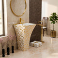 Designer pedestal wash basin in gold white ceramic, modern rectangular basin with full pedestal, 3/4 angle view