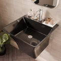 InArt wall hung wash basin with semi pedestal in bathroom interior, rectangular black ceramic basin