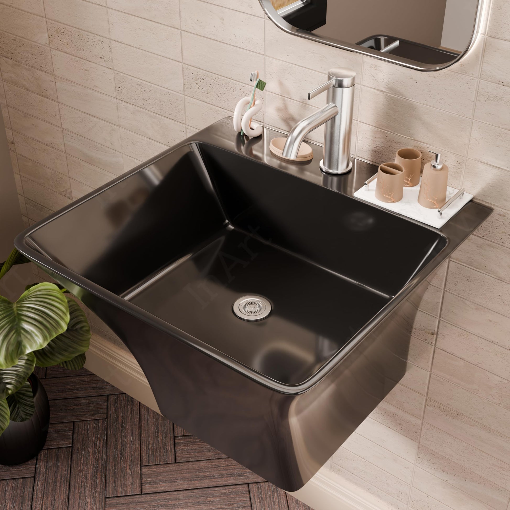InArt wall hung wash basin with semi pedestal in bathroom interior, rectangular black ceramic basin