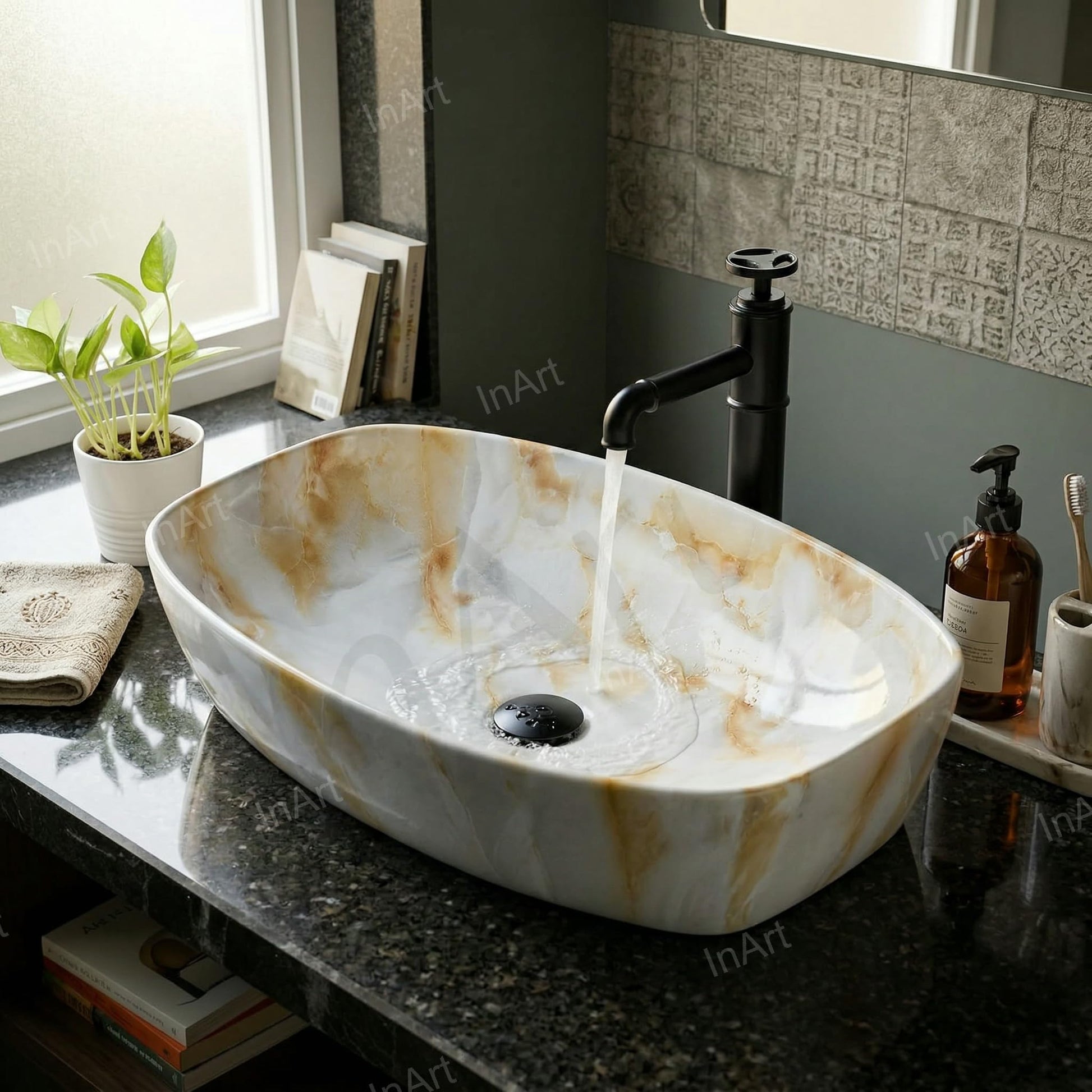 Close-up of onyx marble look ceramic top counter wash basin, smooth rim detail