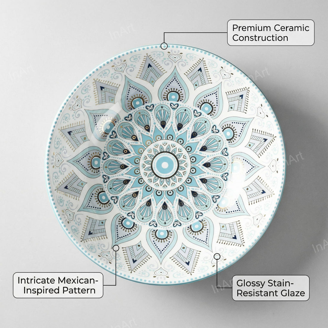 InArt ceramic round table top wash basin design in light blue glossy finish, 39x39 cm main view