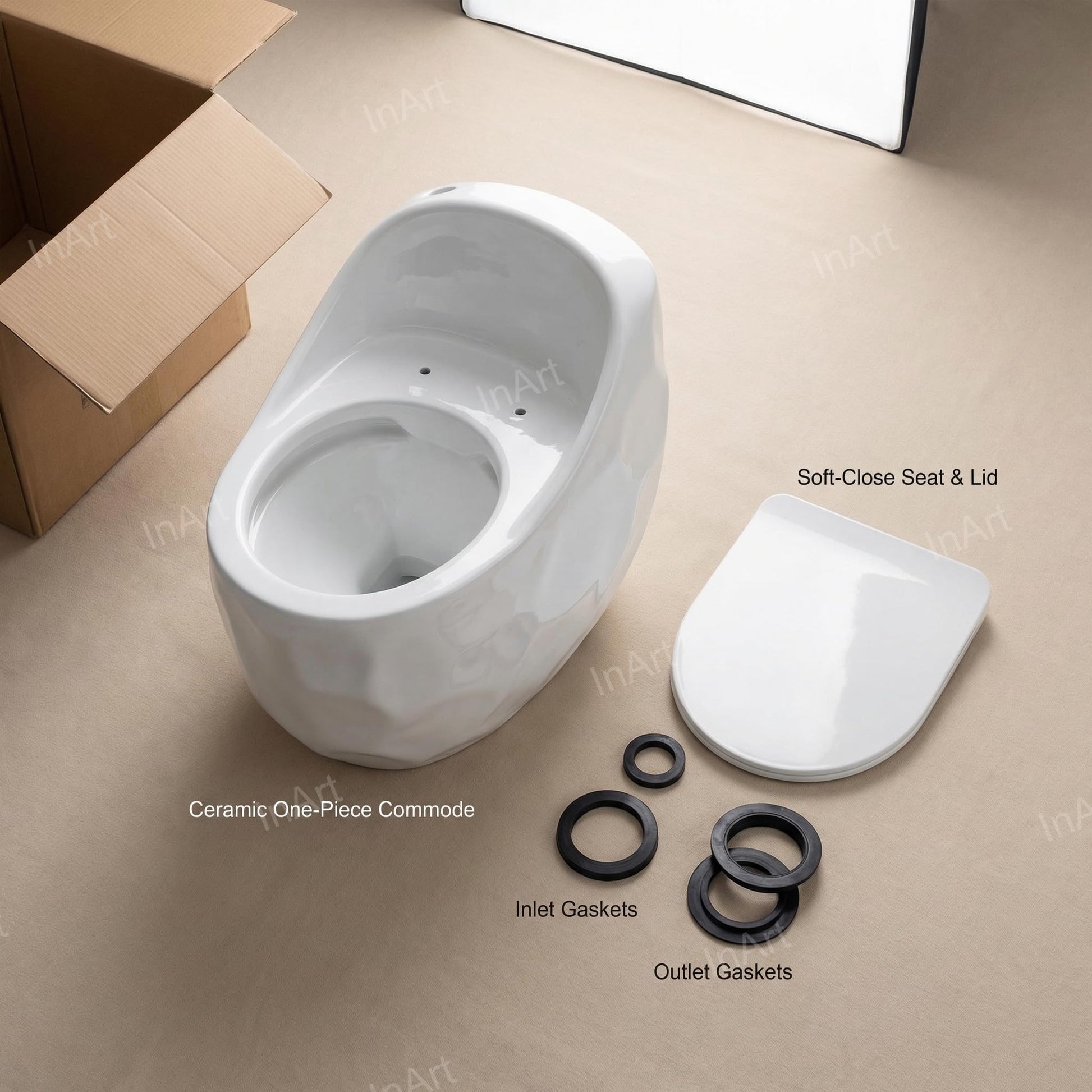Single piece western commode installed look, glossy white oval ceramic toilet for Indian bathroom interior