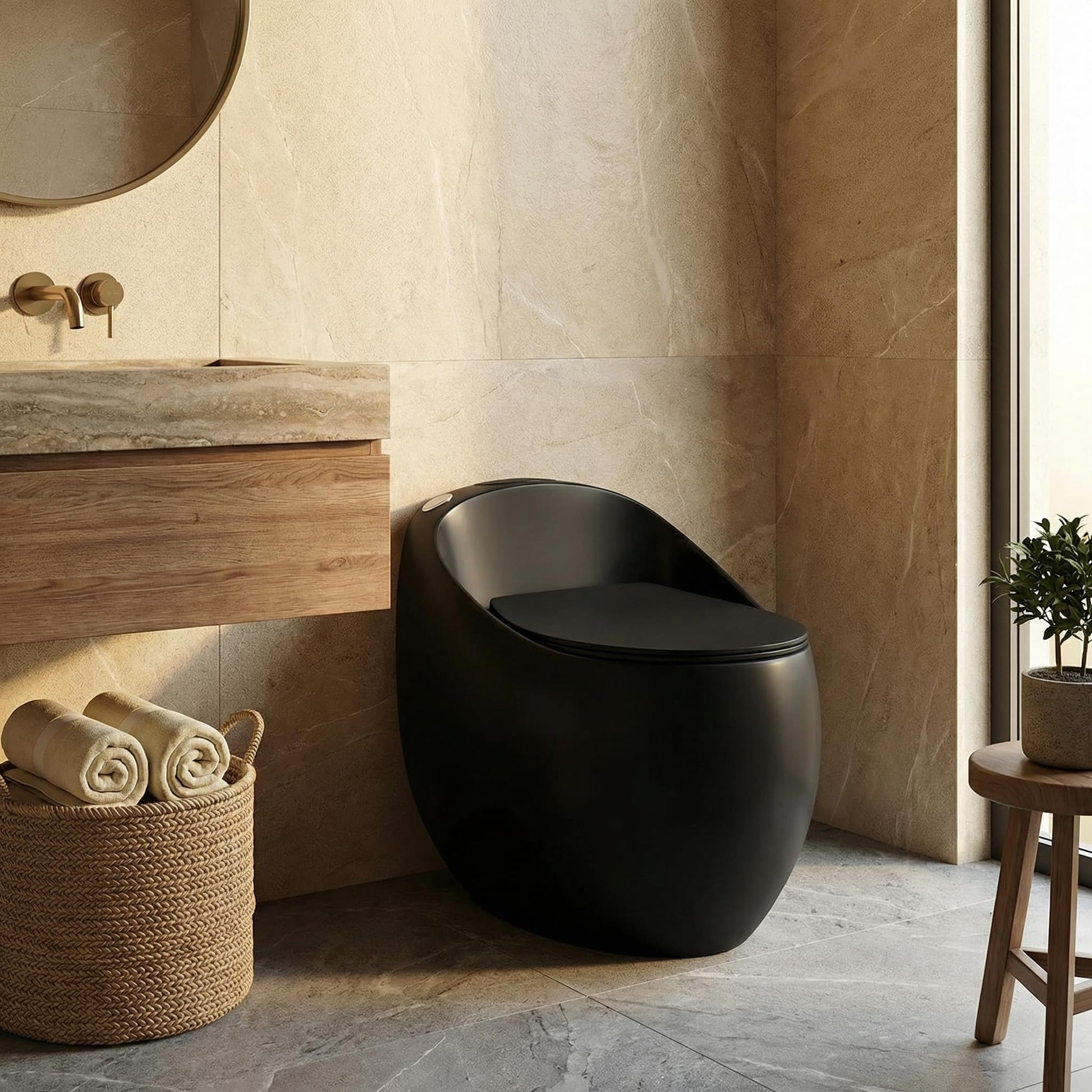 Close-up of InArt soft close seat on matte black western toilet, premium ceramic sanitaryware for modern bathroom