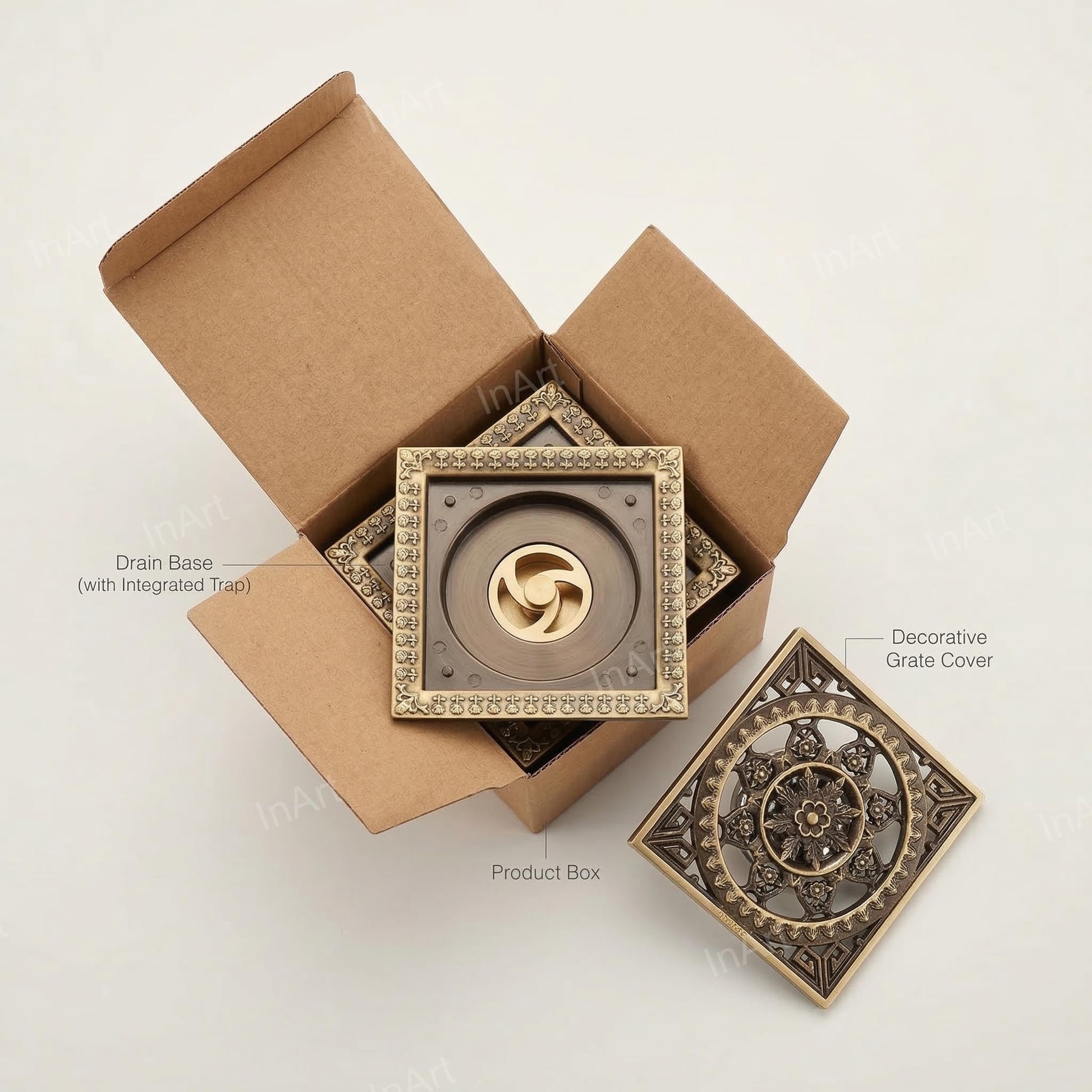 InArt antique brass floor drain jali installed in bathroom floor, square bronze finish with trap
