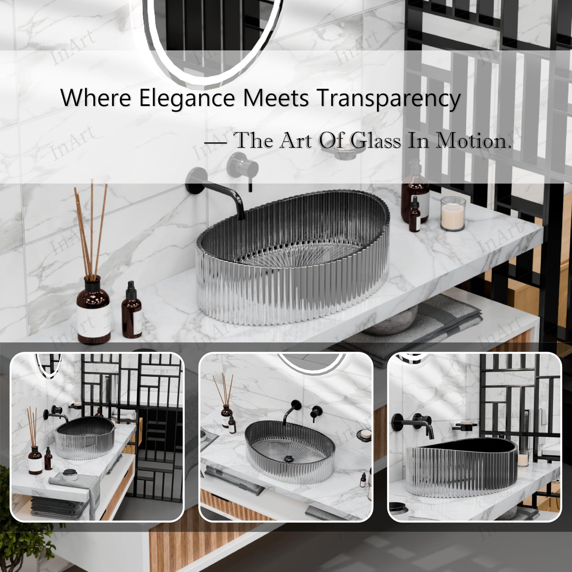 Countertop glass wash basin, black silver, InArt brand