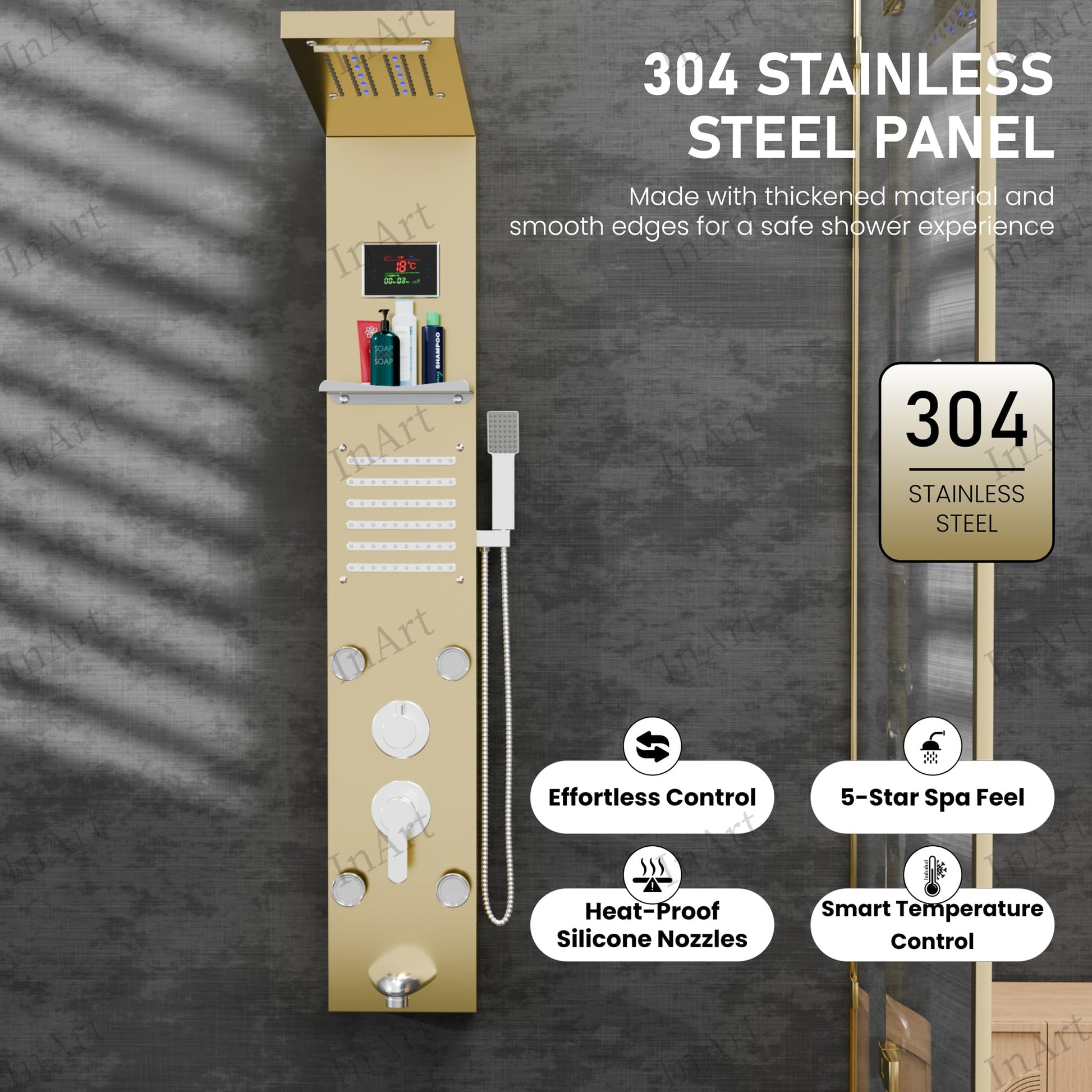 InArt gold finish shower panel, bathroom shower panel set with LED display