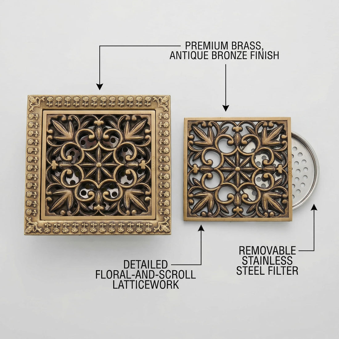InArt brass floor drain jali with cockroach trap, square antique bronze finish, main view