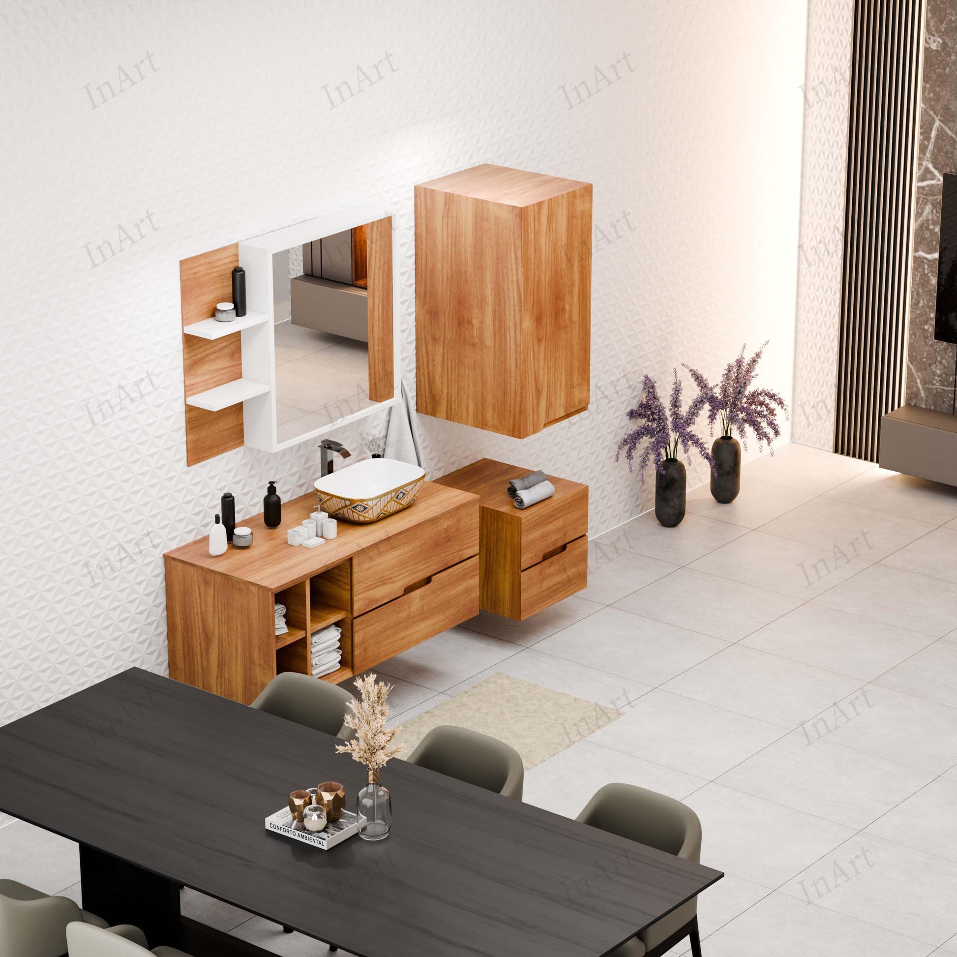 InArt designer wash basin table top, gold ceramic rectangular basin top view showing drain and inner bowl