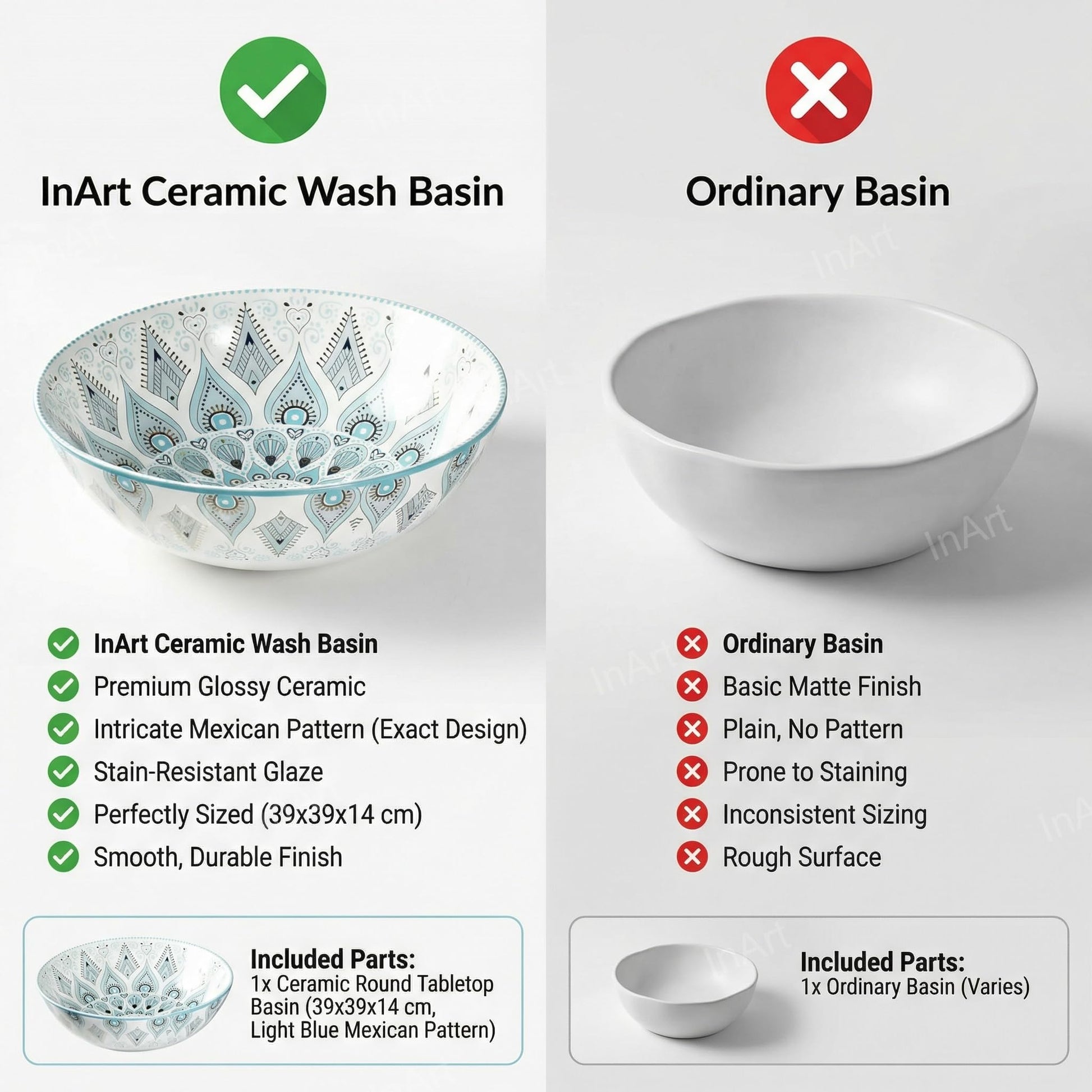 InArt designer wash basin table top in light blue glossy ceramic, perfect for dining room wash area