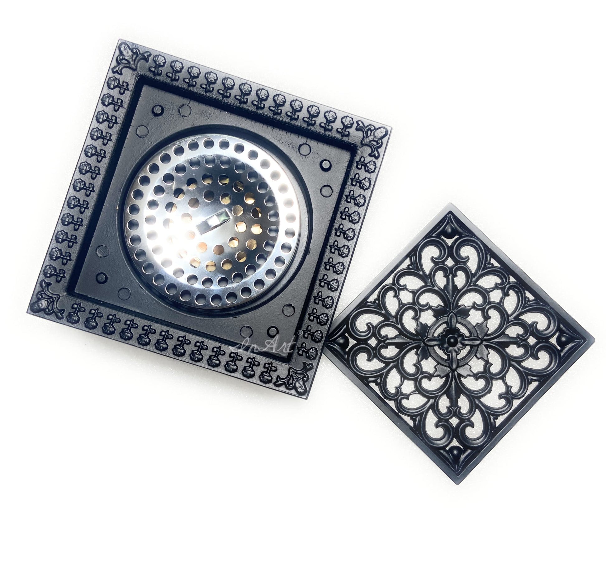 Close-up of InArt floor drain jali slots in antique bronze black, easy clean brass bathroom drain cover