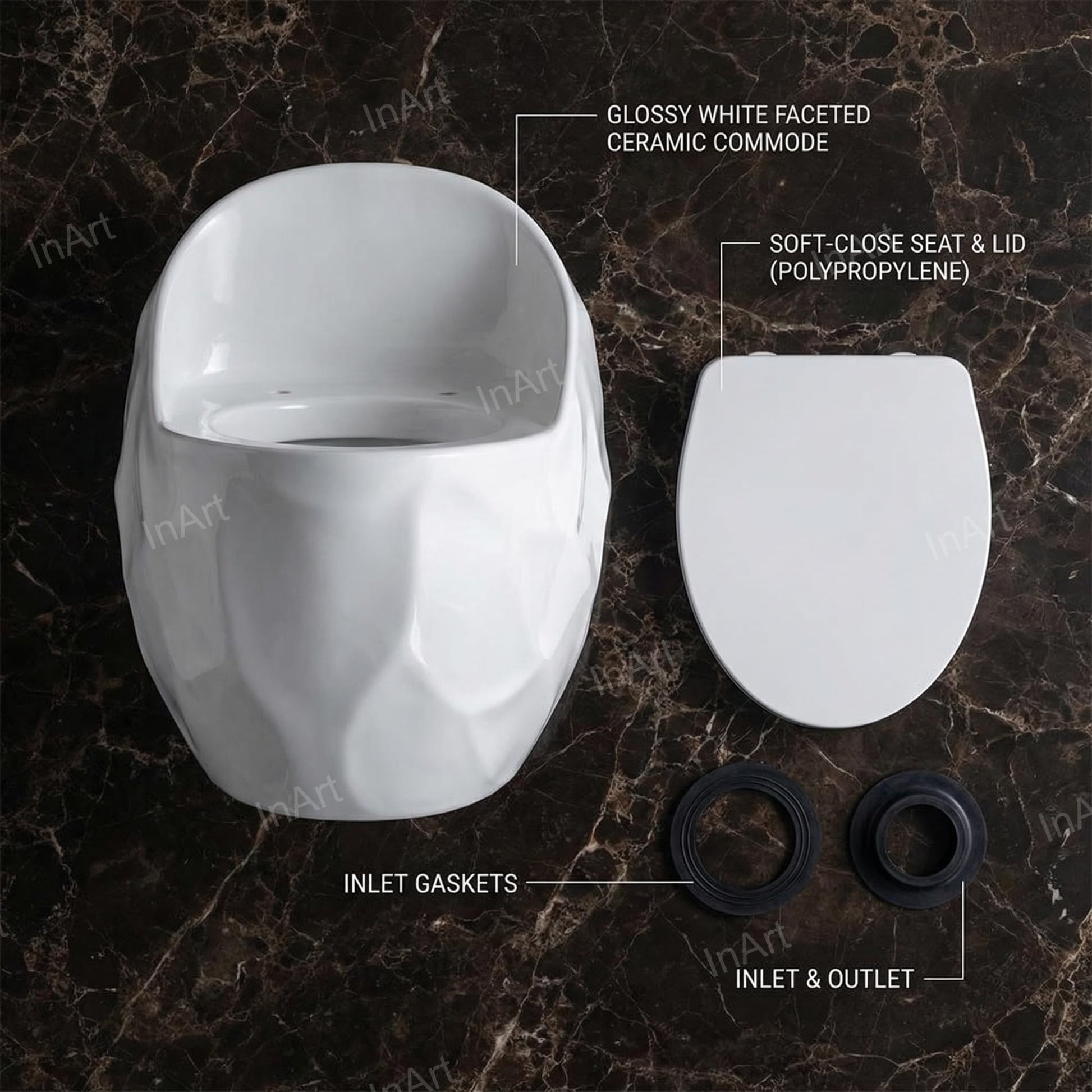 Single piece western toilet in glossy white ceramic, front-left angle view with soft close seat