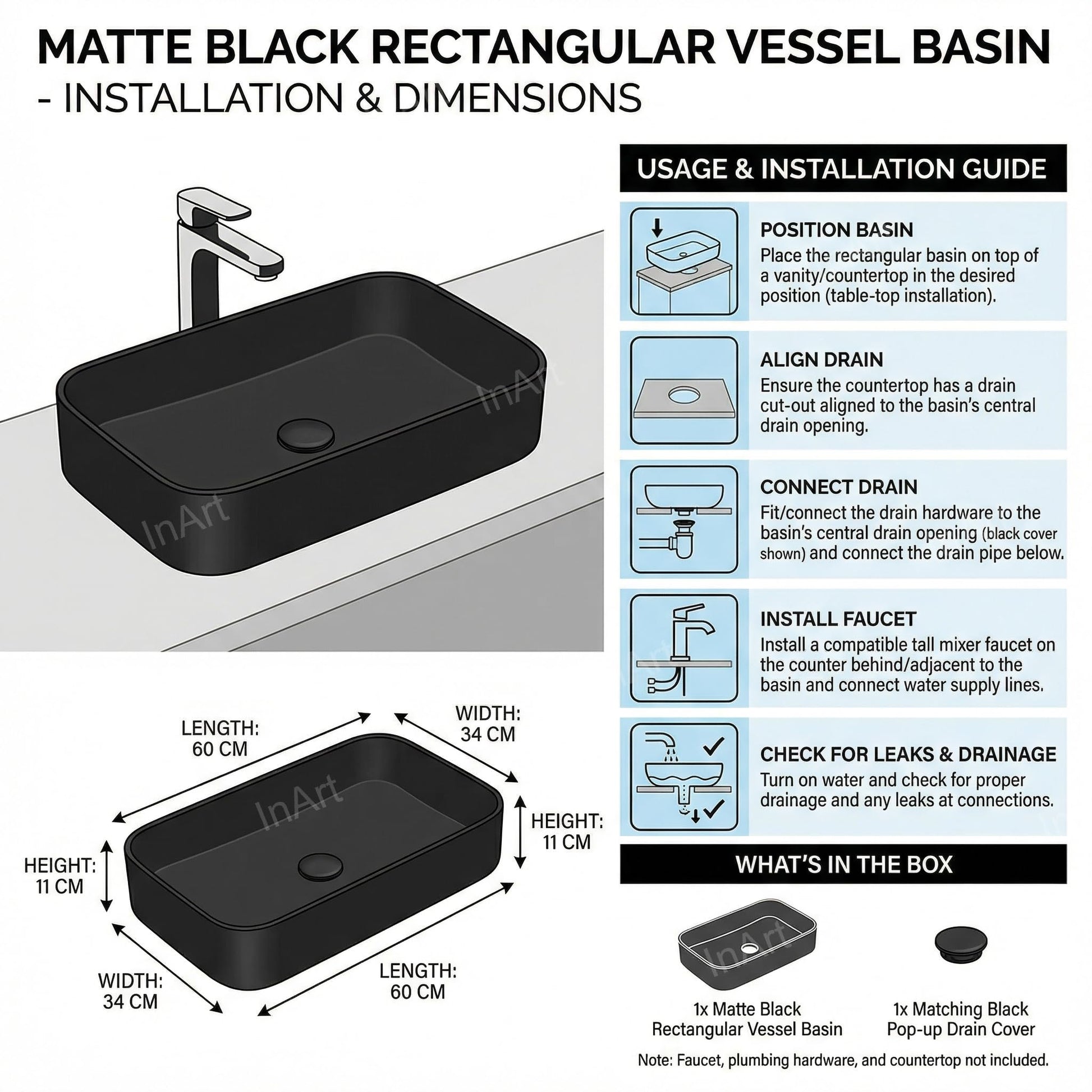 Rectangular matte black ceramic table top wash basin, size 60x34x11 cm, buy wash basin online India