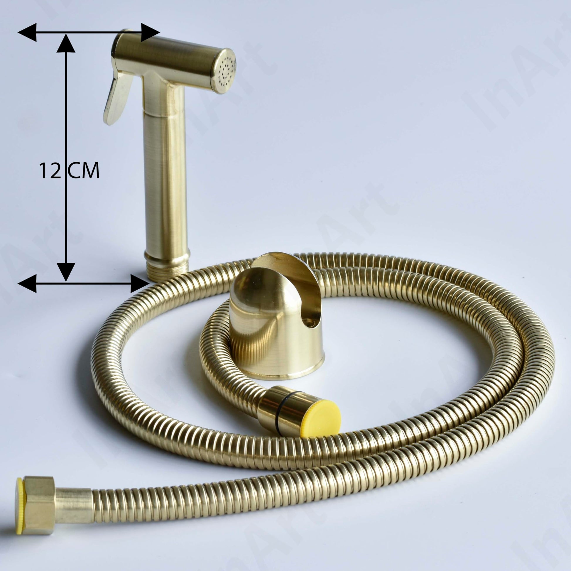 InArt golden health faucet gun with easy grip lever, side angle showing brass finish and nozzle