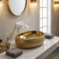 Close-up of glossy golden ceramic rim and smooth oval bowl, premium sanitaryware wash basin