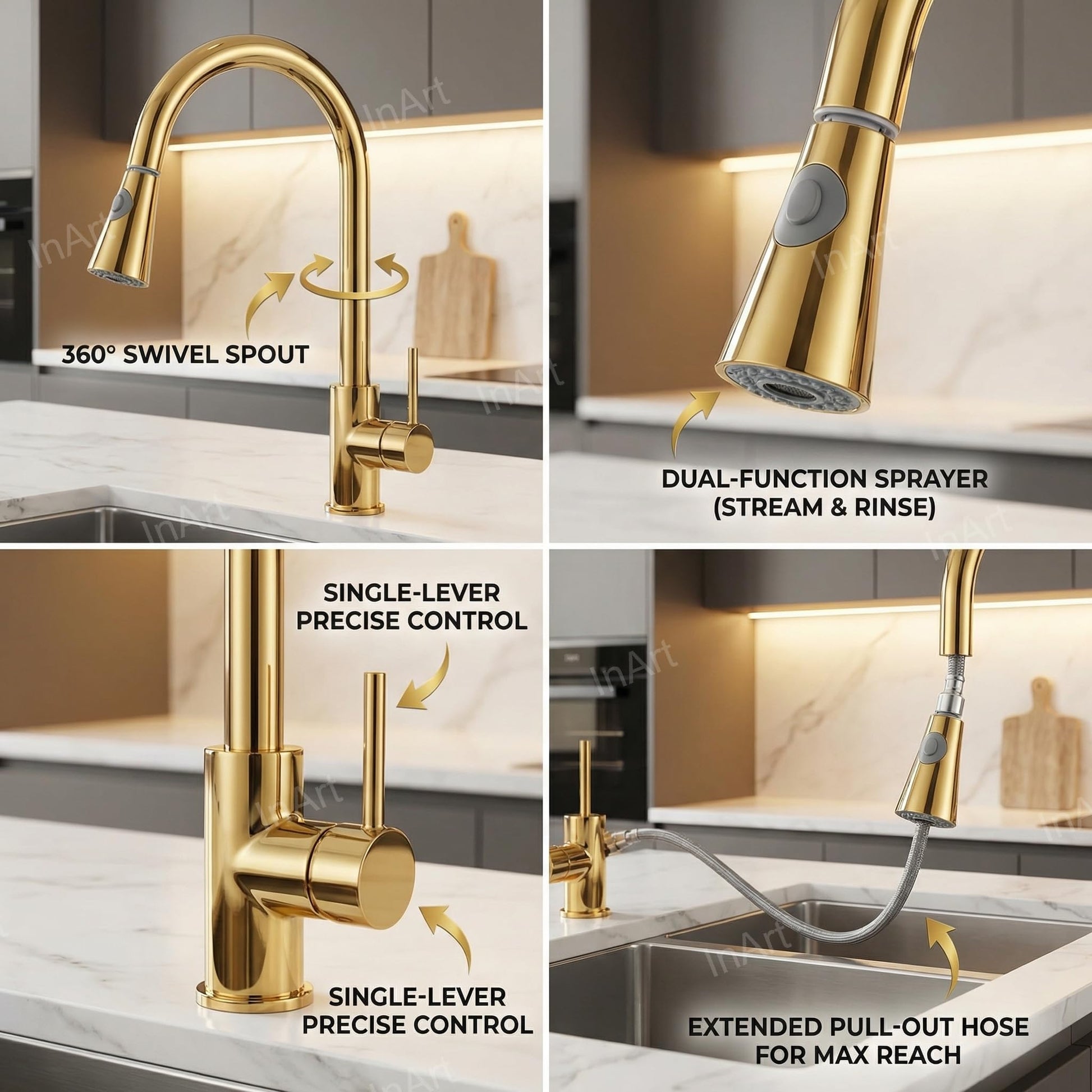 Kitchen pull out faucet in gold finish, 3/4 angle view showing curved spout and spray head