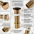 Bathroom sink plug pop up in rose gold, side angle showing full thread brass waste coupling