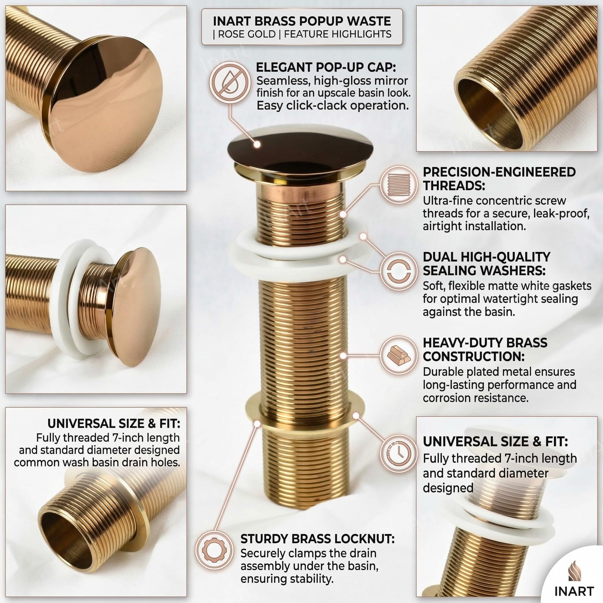 Bathroom sink plug pop up in rose gold, side angle showing full thread brass waste coupling