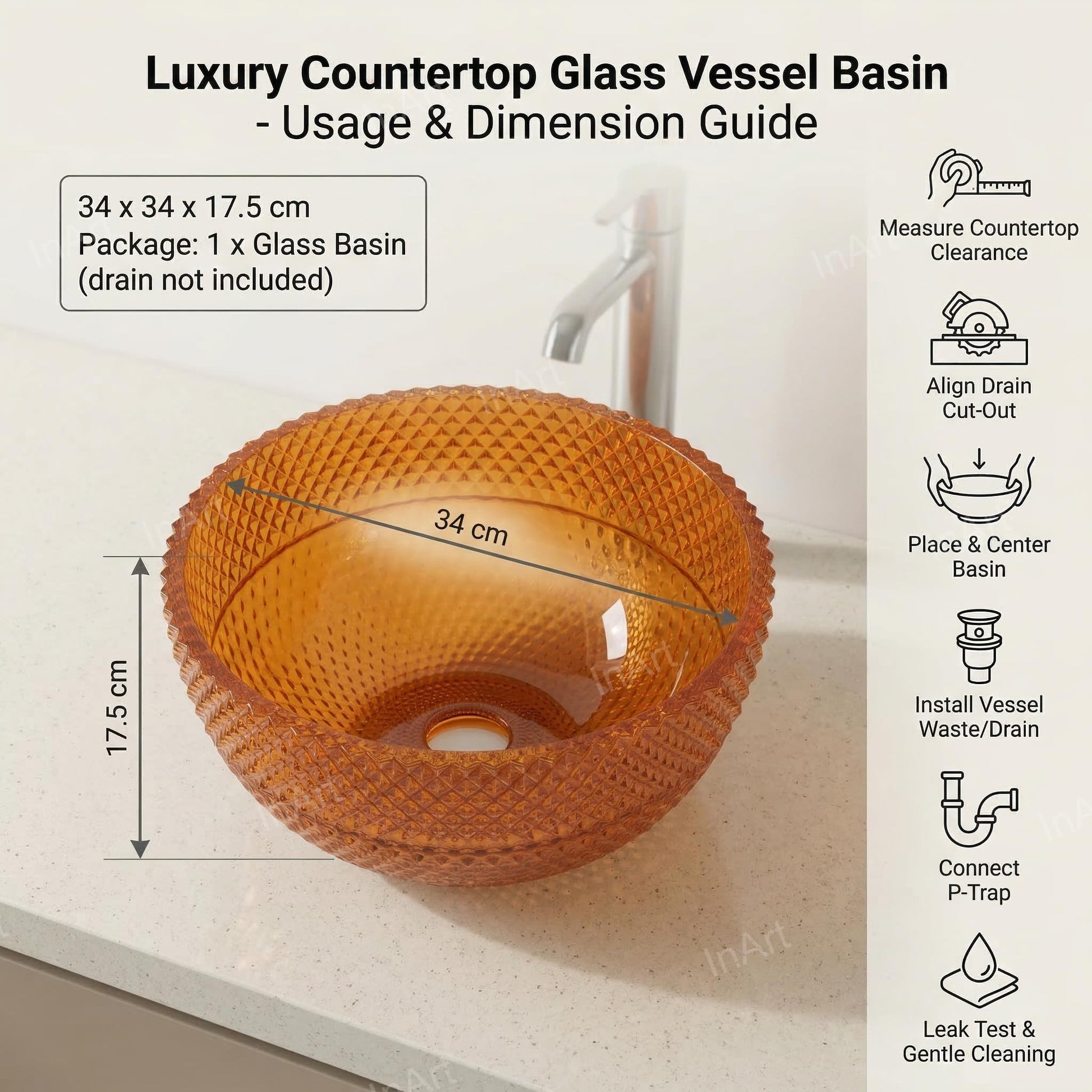 Round glass bathroom sinks for modern bathroom interior, amber glass basin on counter with tap
