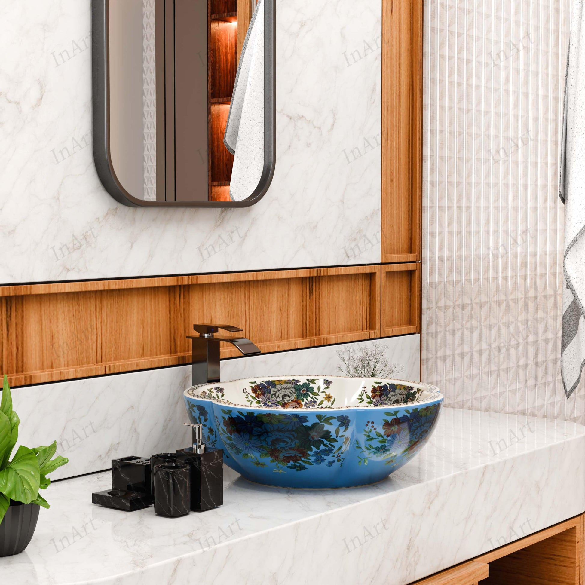 Luxurious bathroom sinks for modern washroom, round table top wash basin in blue floral ceramic finish
