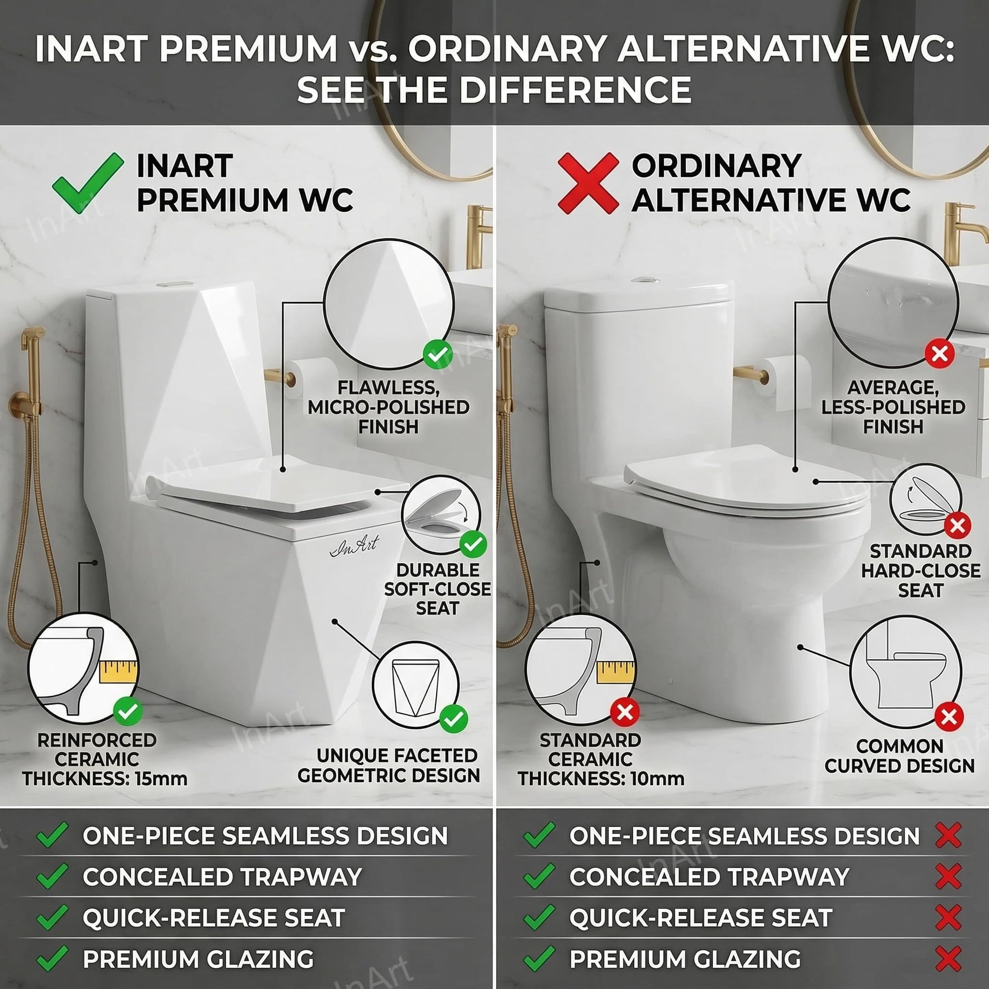 Ceramic one piece toilet commode base and floor mounting detail, easy clean glossy white finish