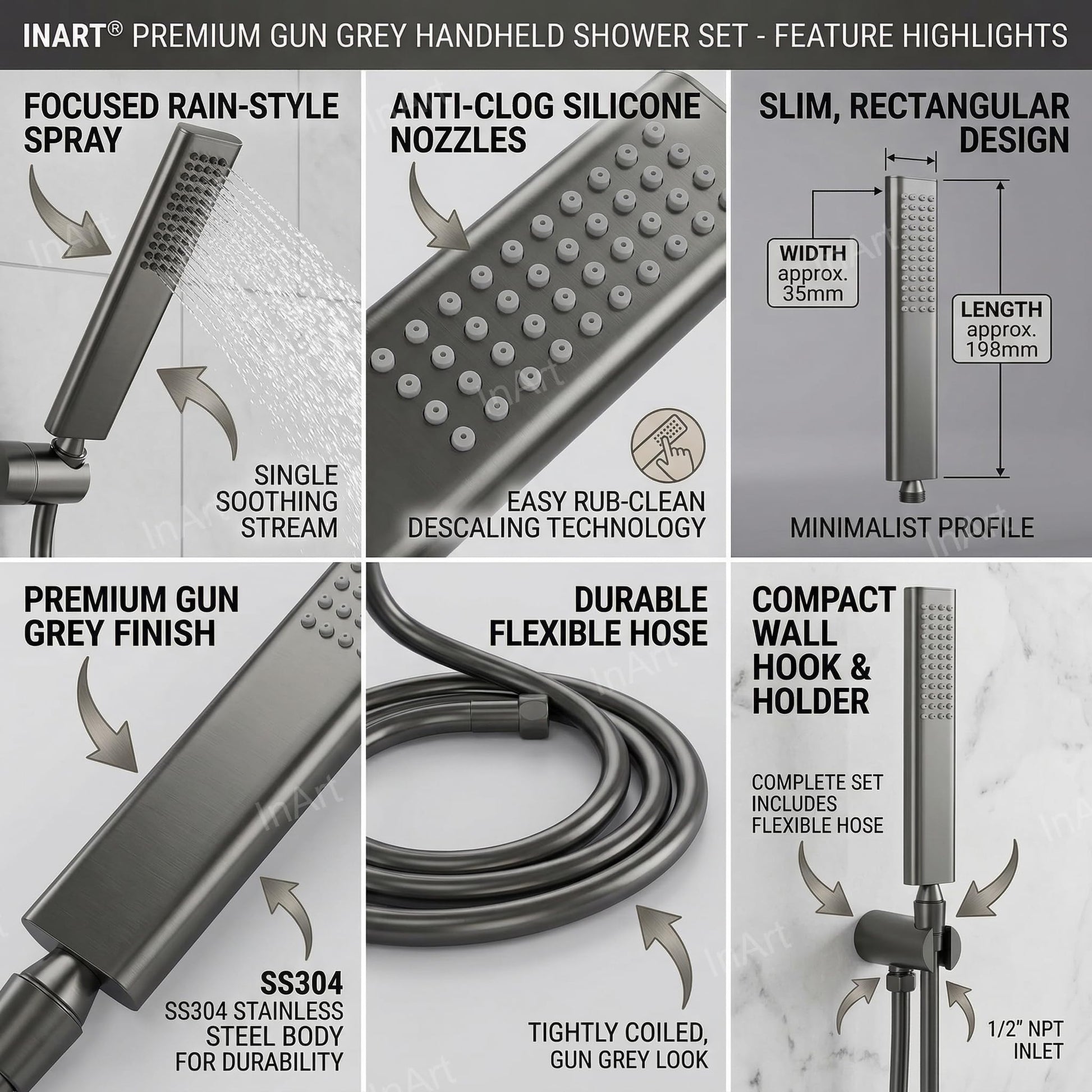 Gun grey bathroom shower accessories sanitaryware, InArt stainless steel hand shower set for modern Indian bathrooms