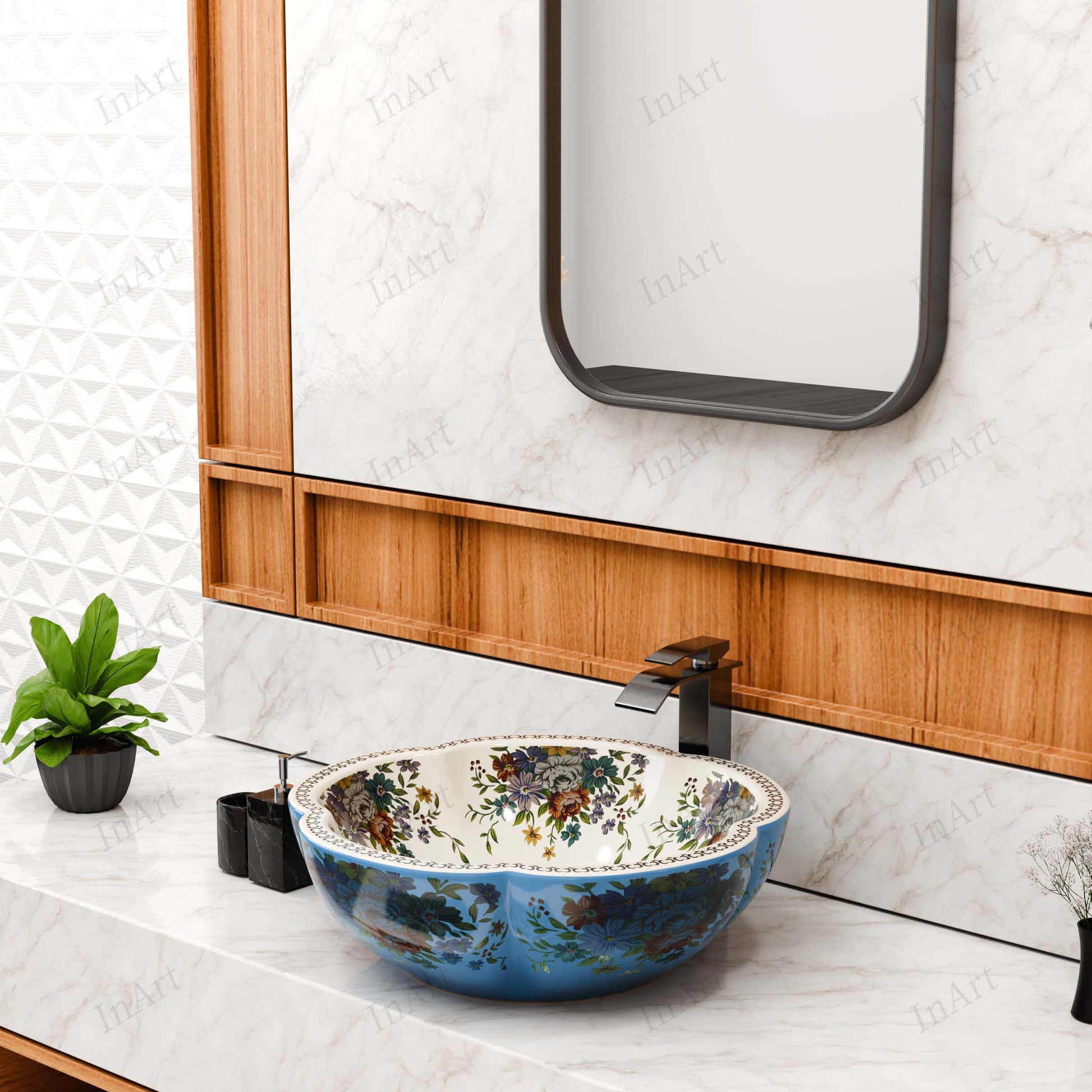 Ceramic designer wash basin for office washroom, round tabletop basin in Moroccan blue floral glossy finish