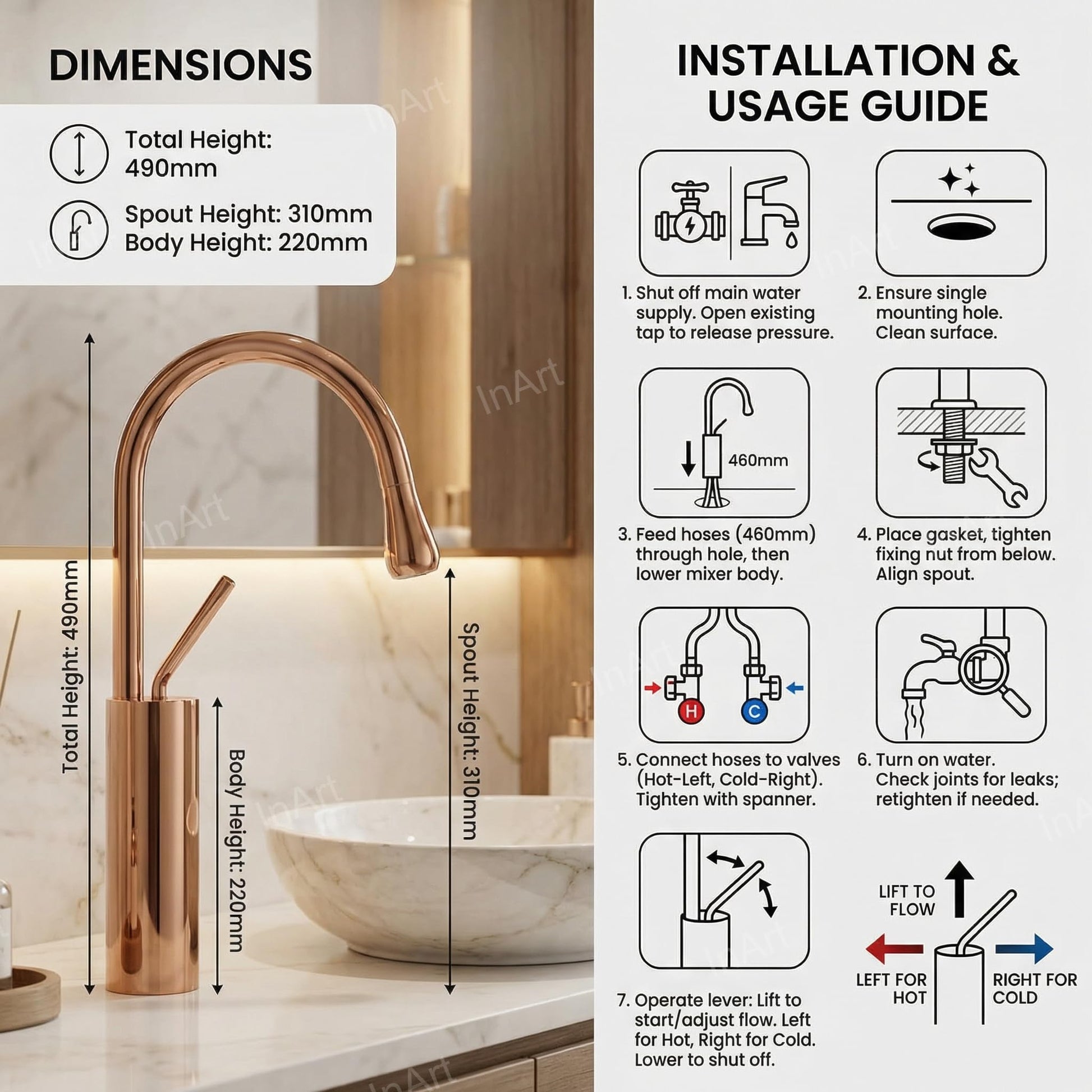 Hot and cold water mixer for wash basin, single hole basin mixer tap in rose gold brass on counter