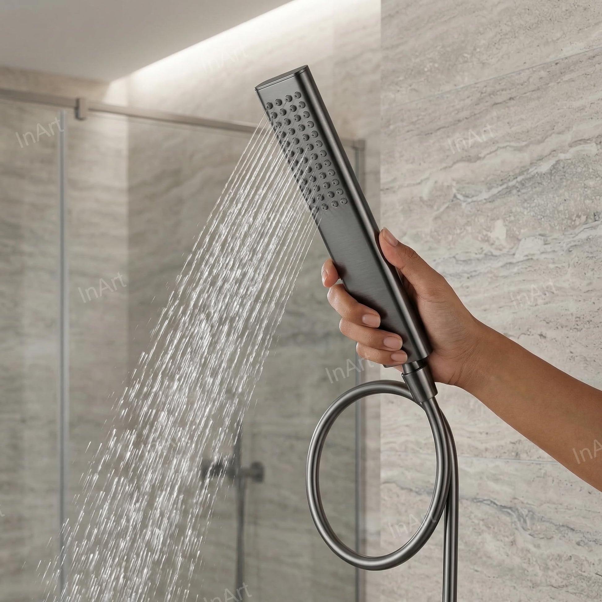 Gun grey bathroom shower accessories: SS304 handheld hand shower head with easy clean silicone nozzles, InArt