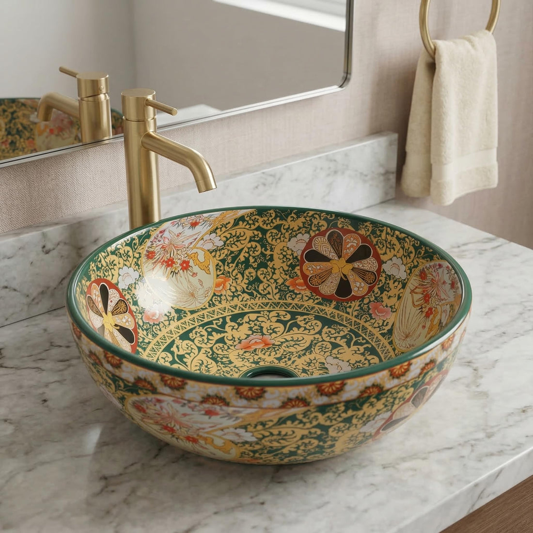 InArt ceramic table top wash basin design, square glossy green multi colour, front view