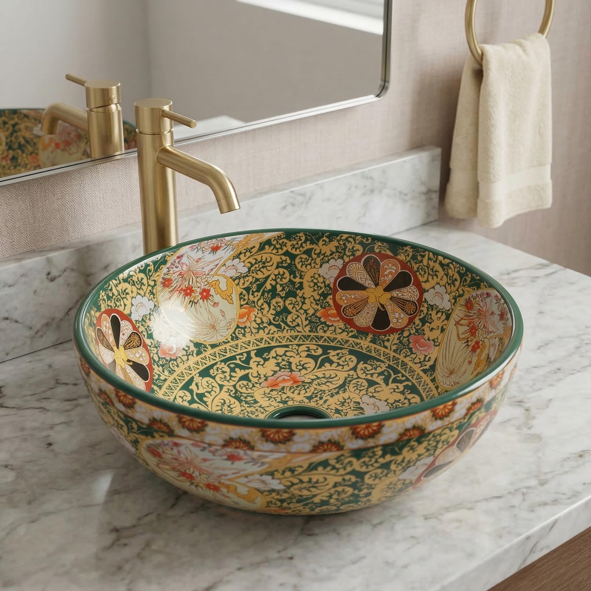 Table top wash basin with cabinet design by InArt, glossy green multi colour square ceramic basin, front view