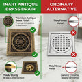 Bathroom floor drain jali in antique brass with cockroach trap, premium heavy-duty brass build