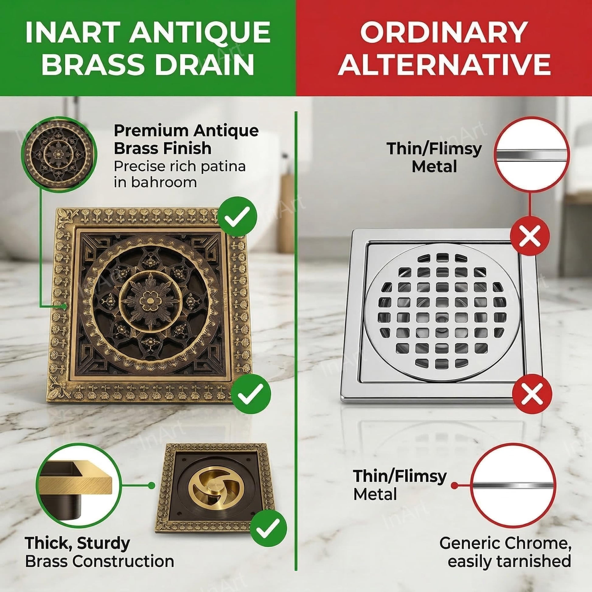 Bathroom floor drain jali in antique brass with cockroach trap, premium heavy-duty brass build