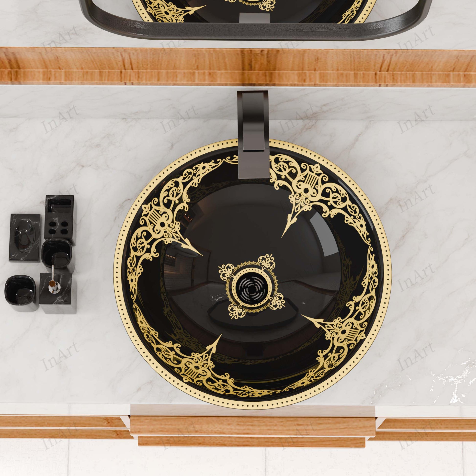 InArt luxurious bathroom sinks for hotel washroom, Moroccan ceramic table top basin in black gold