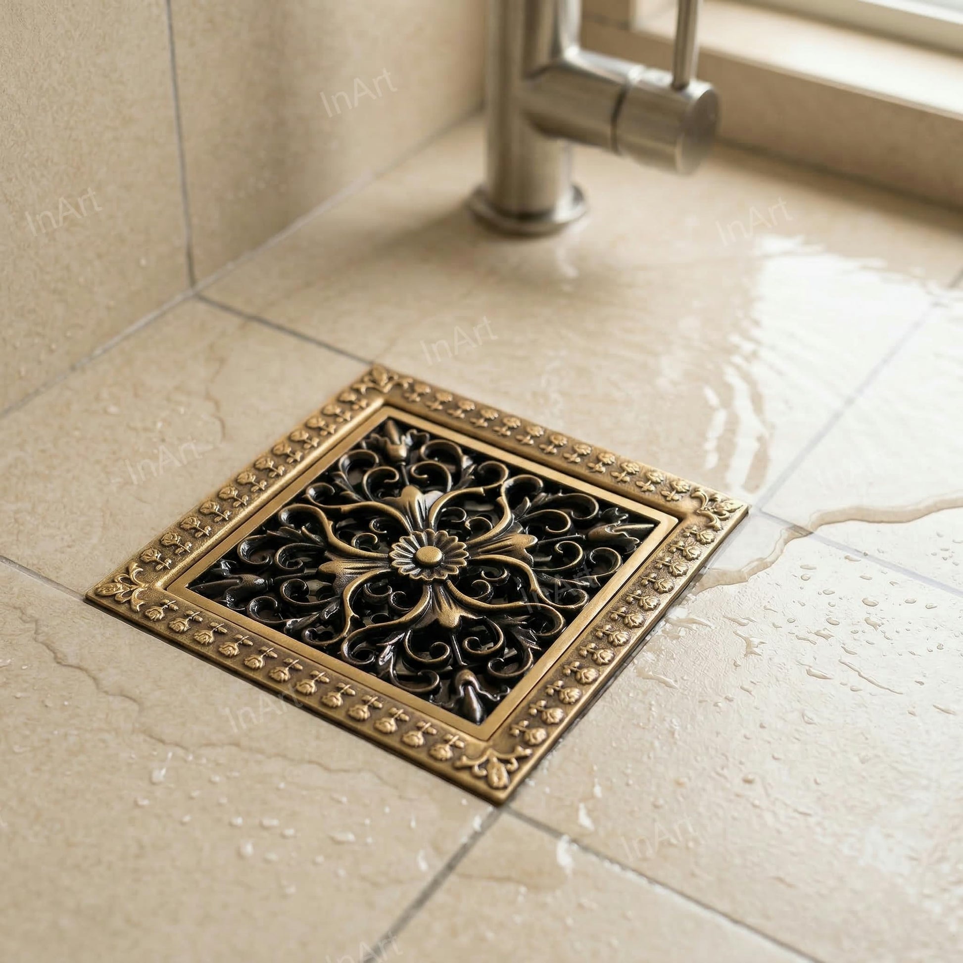 InArt antique brass floor drain jali close-up, durable brass grille with anti-foul cockroach trap