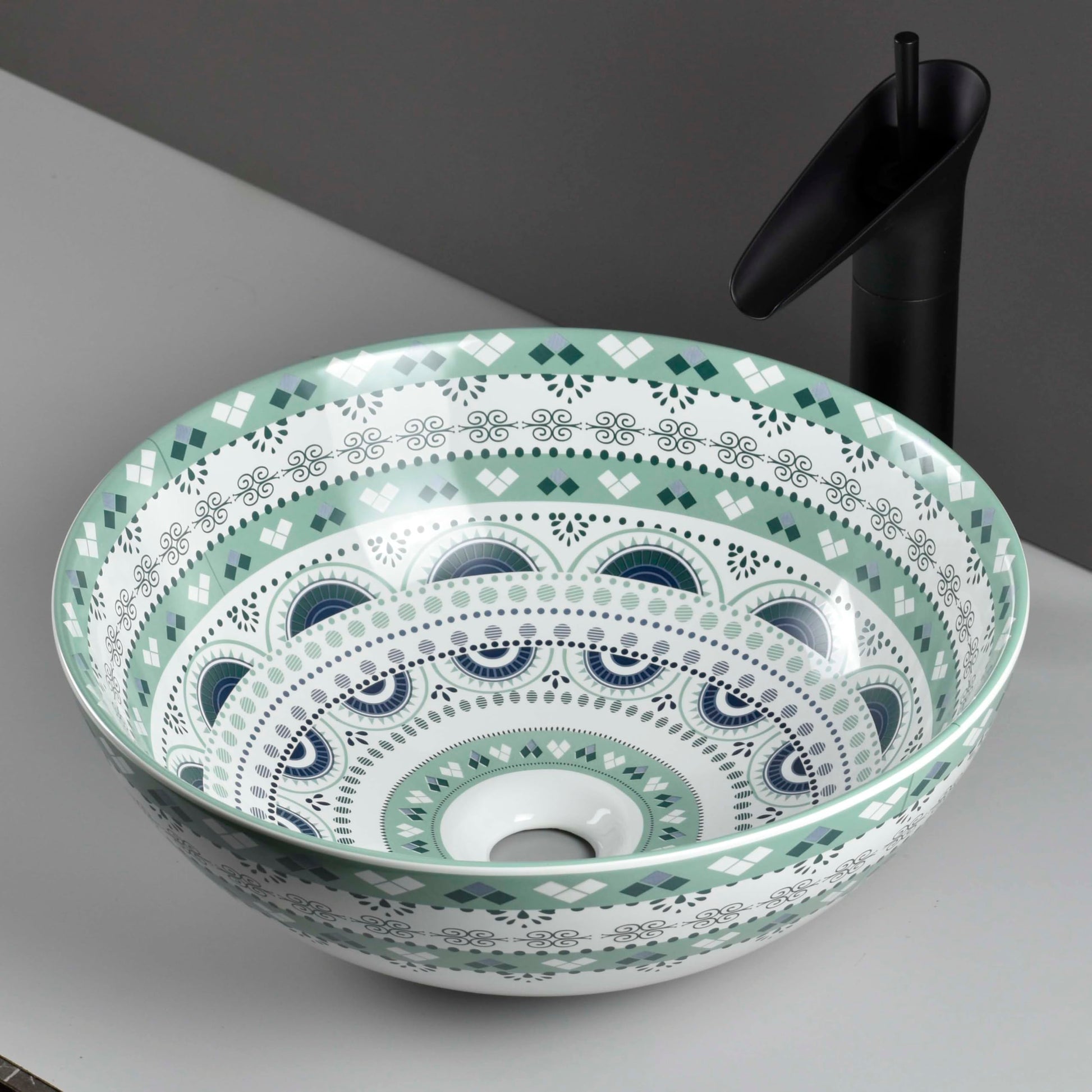 InArt ceramic table top wash basin design, round light blue modern bathroom sink, front view