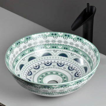 InArt ceramic table top wash basin design, round light blue modern bathroom sink, front view