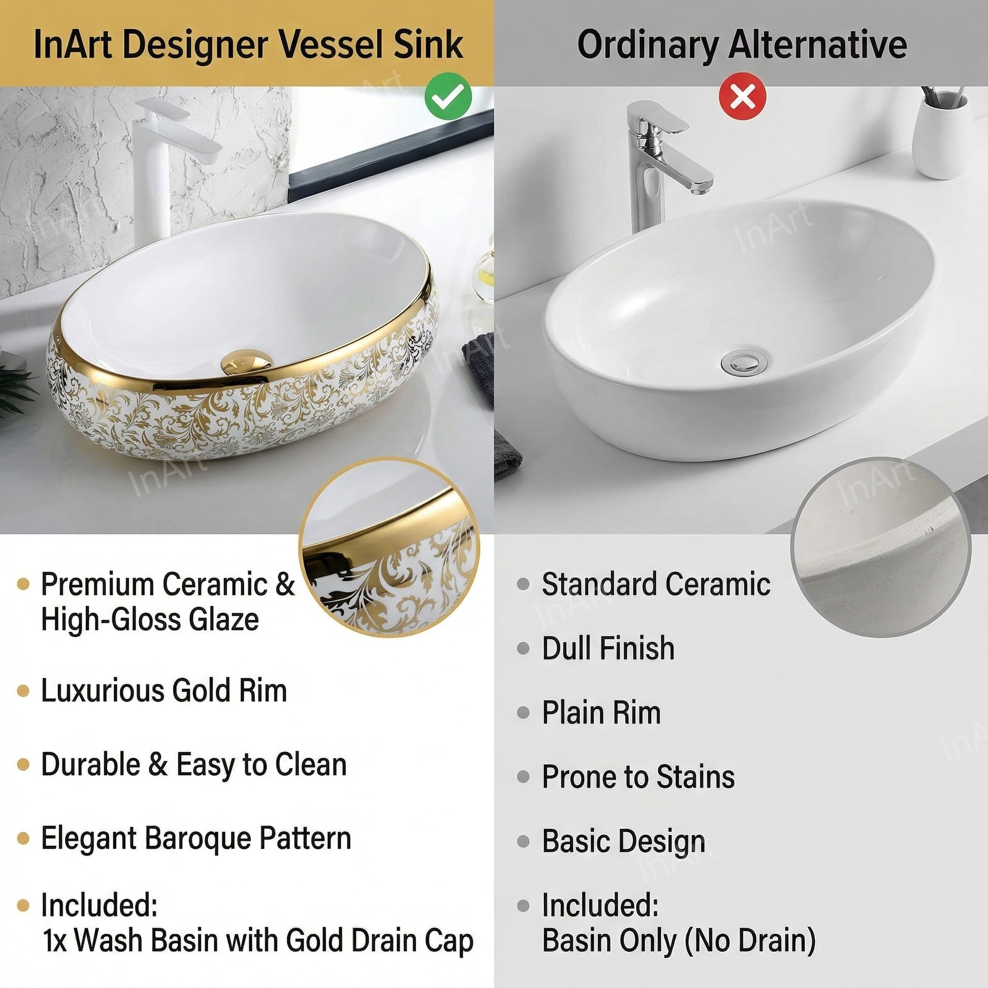 InArt ceramic wash basin designs for modern bathroom sink with cabinet, white oval basin with gold rim