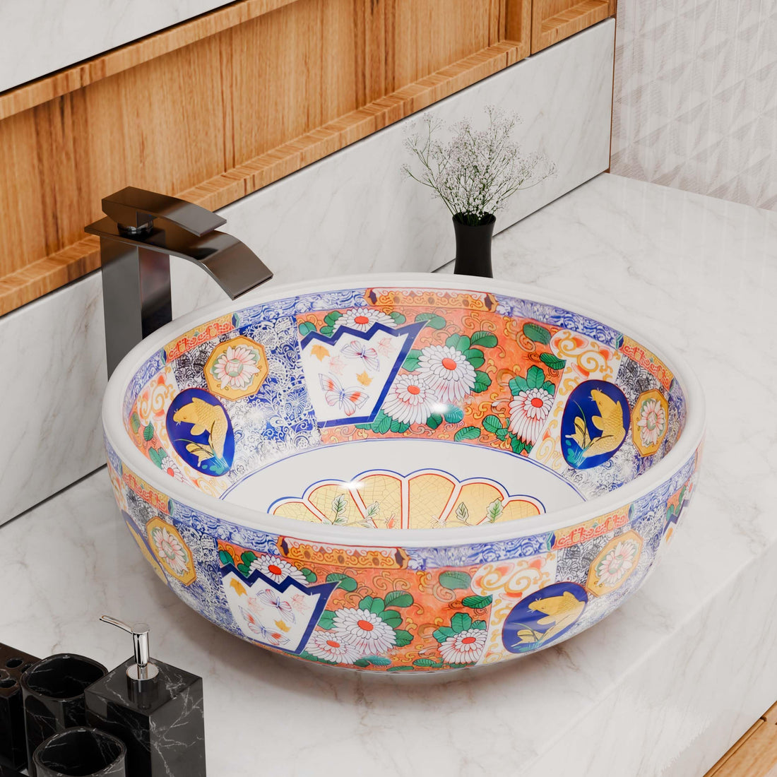 InArt ceramic square table top wash basin design, glossy multi colour Mexican pattern, 42x42 cm