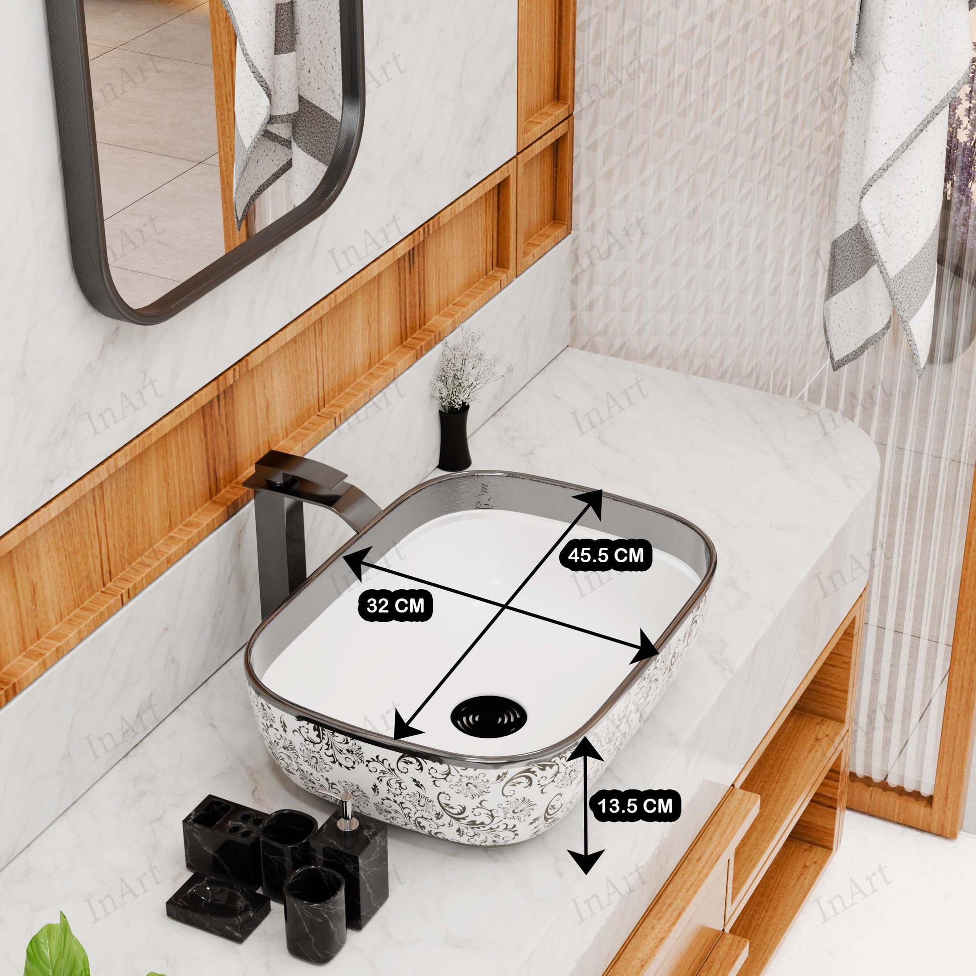 InArt table top wash basin design for bathroom, silver white ceramic rectangular vanity wash basin