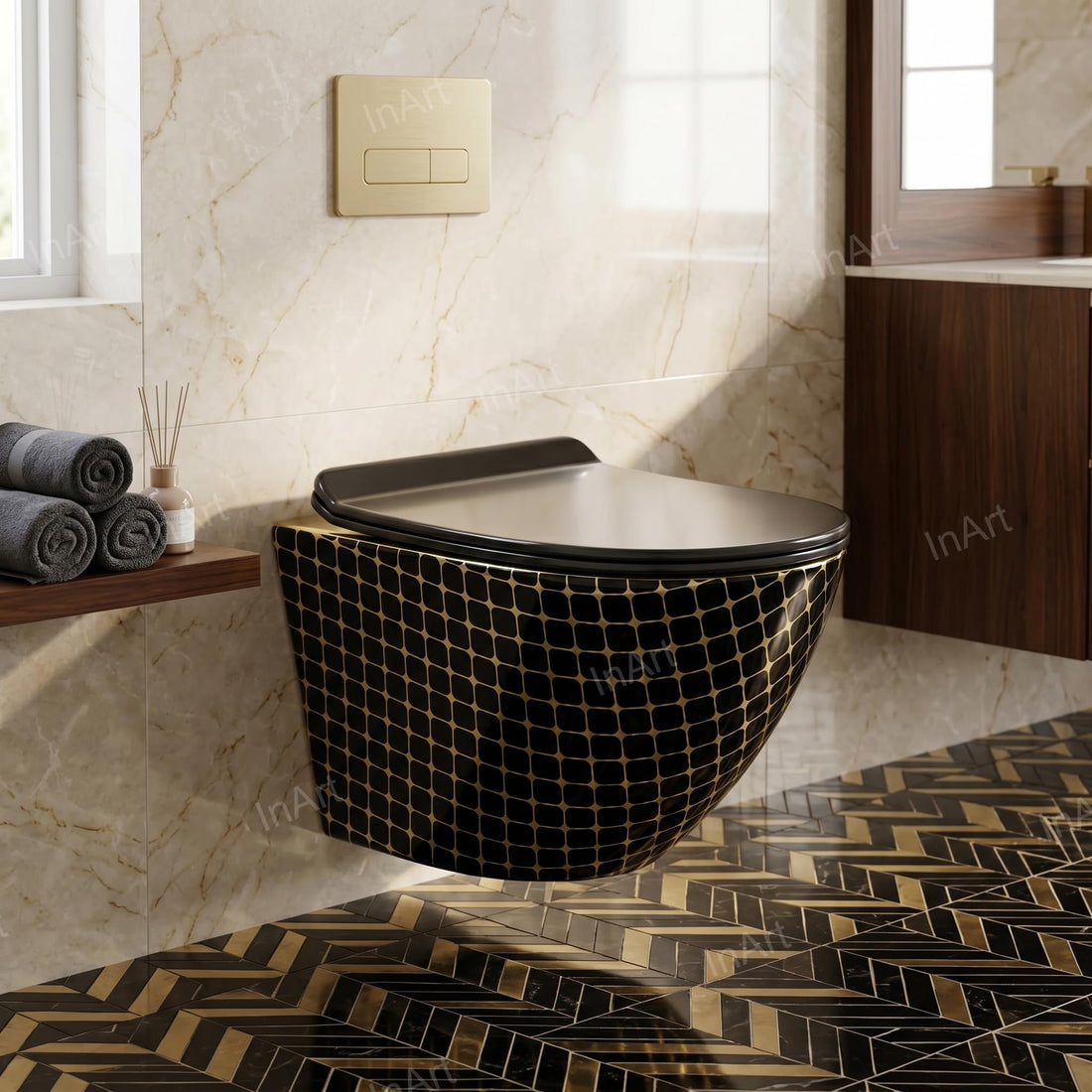 Hindware wall mounted commode by InArt, rimless ceramic oval wall hung WC in black gold finish