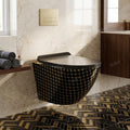 InArt wall hung western toilet in black gold, side angle showing oval rimless ceramic commode design