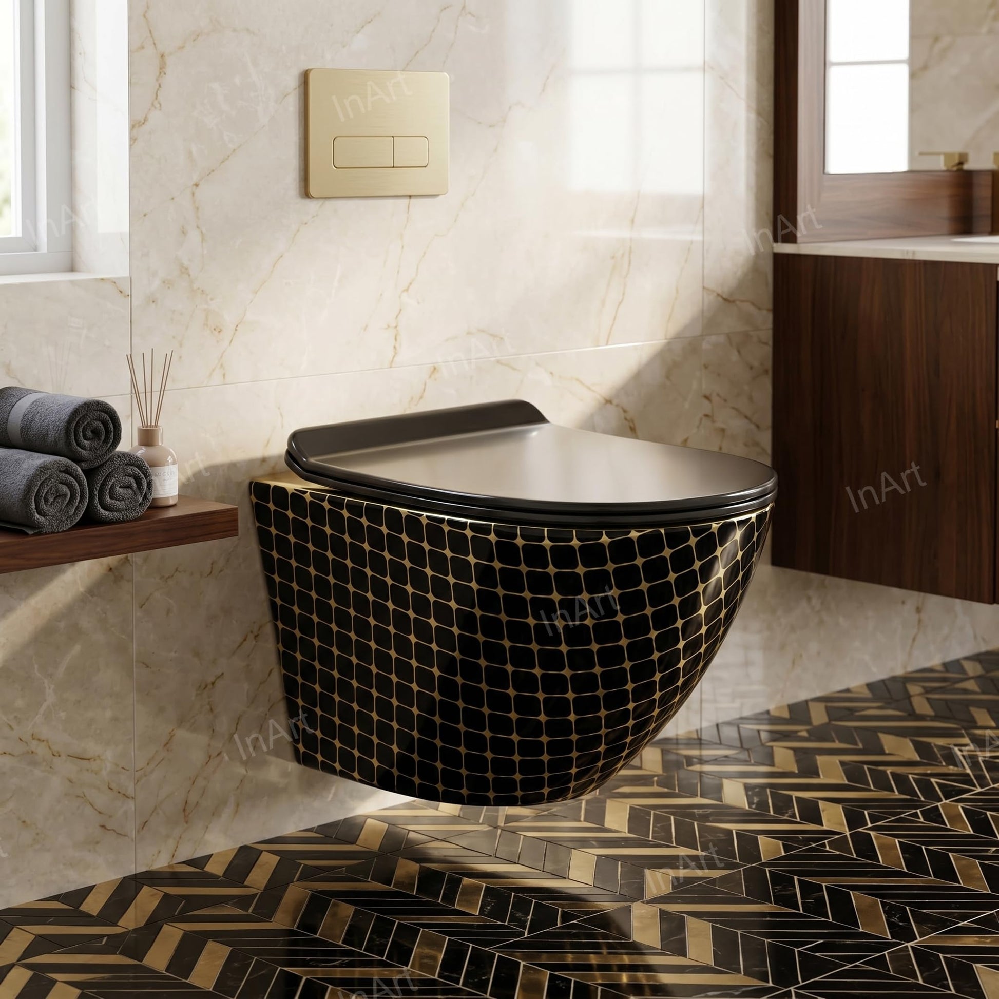 InArt wall hung western toilet in black gold, side angle showing oval rimless ceramic commode design
