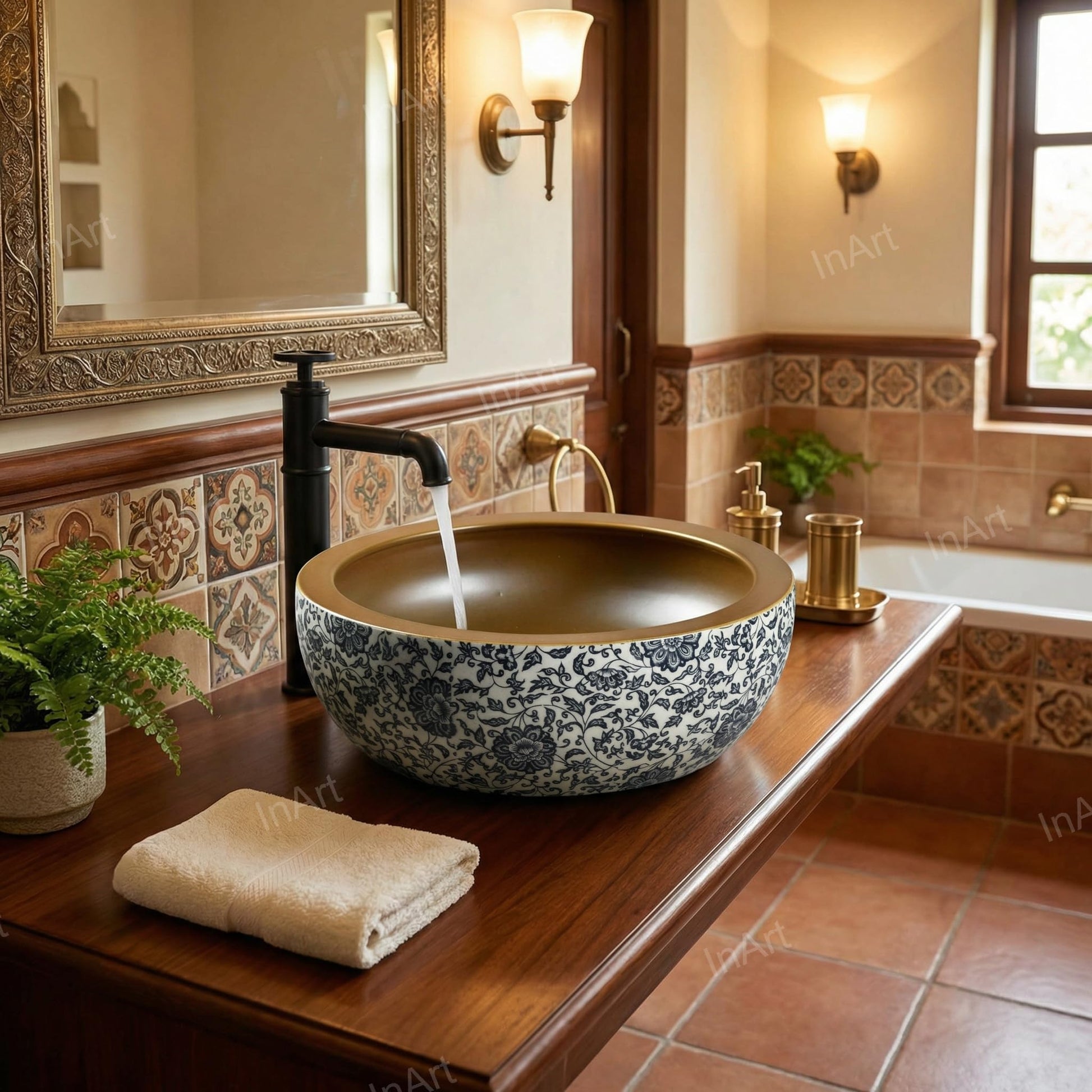 Close-up of multicolour glazed ceramic countertop sink showing Moroccan pattern and easy clean surface