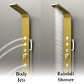 Gold shower tower panel with tub spout and mixer, premium washroom fitting for Indian bathrooms